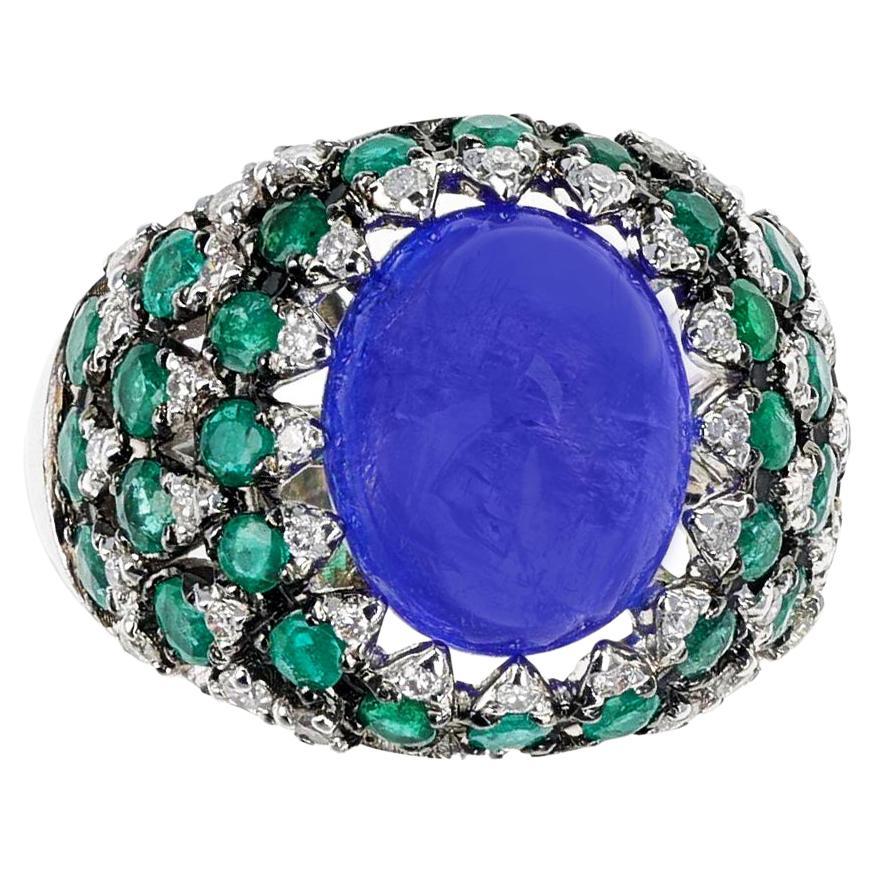 Tanzanite Cabochon Bombé Ring with Emerald, French Marks, 18K Gold
