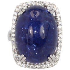 Tanzanite Cabochon 34 Carats Diamond Cocktail Ring 18 Karat Gold Setting