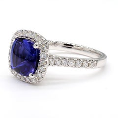 Tanzanite Cabochon Ring 3.88 Carats 18K White Gold with Halo *Natural Diamonds*