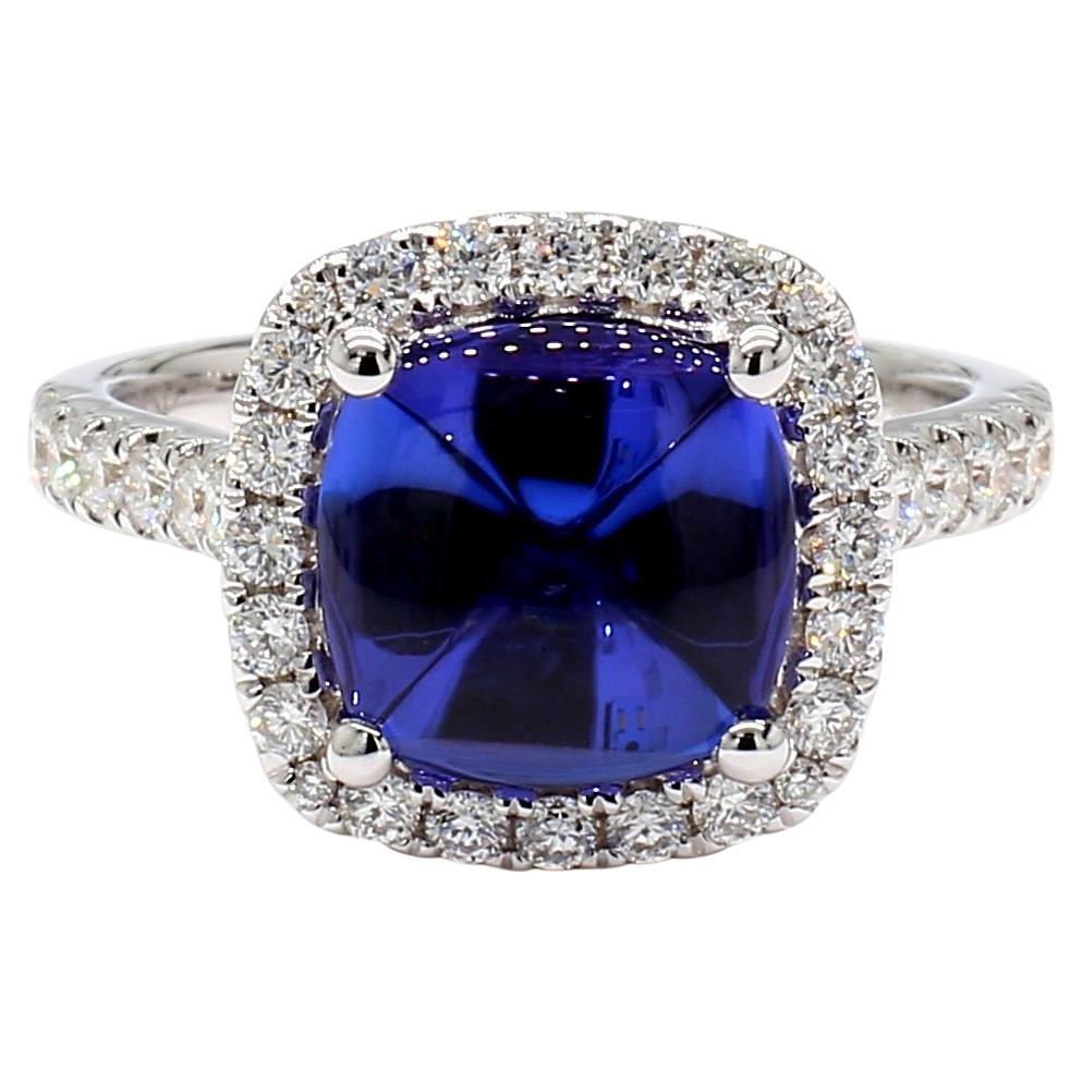 Anillo Cabujón de Tanzanita 3,88 Quilates Oro Blanco 18K con Halo *Diamantes Naturales* en venta
