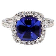 Anillo Cabujón de Tanzanita 3,88 Quilates Oro Blanco 18K con Halo *Diamantes Naturales*