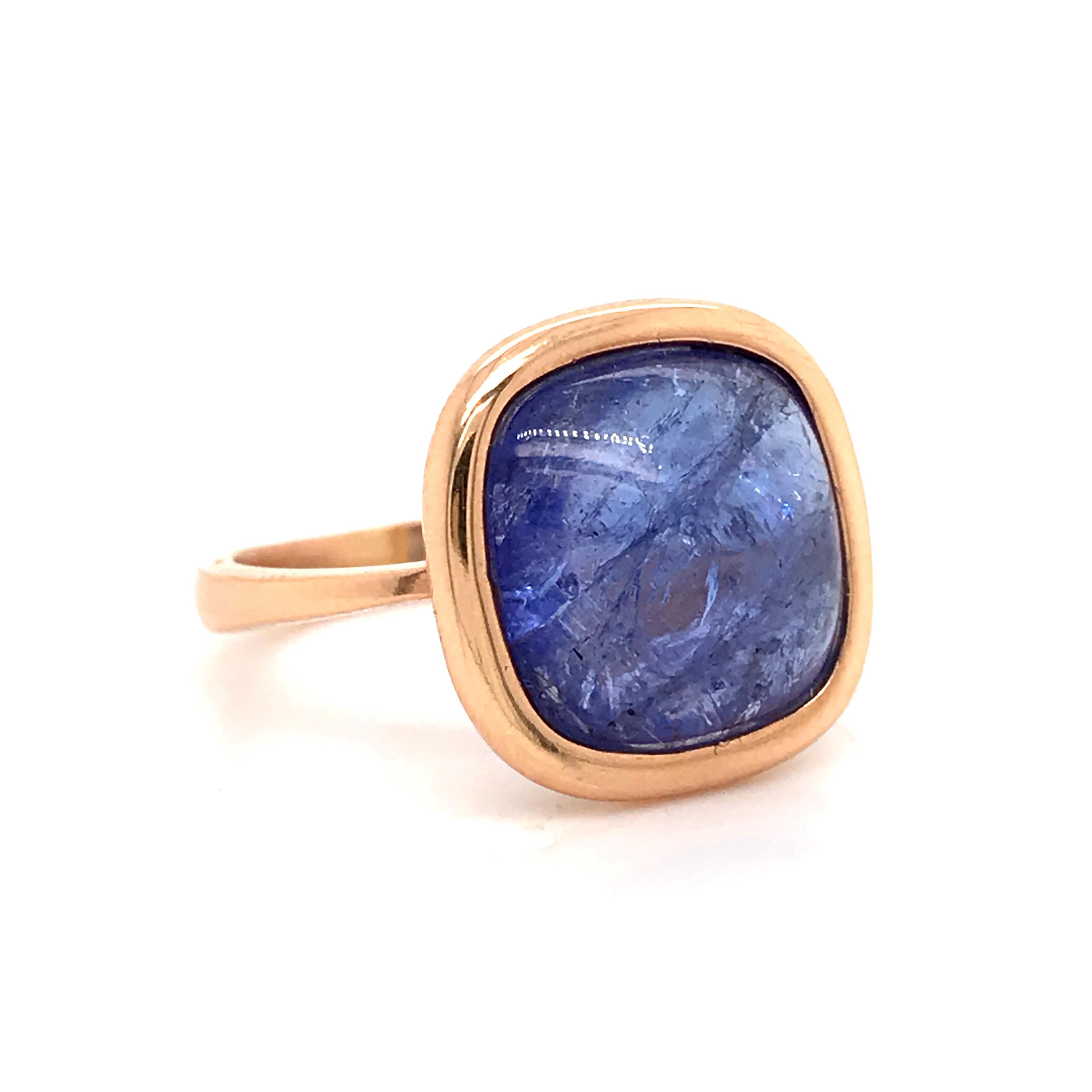 Artisan Tanzanite Cabochon Shape on Rose Gold 18 Karat Fashion Ring