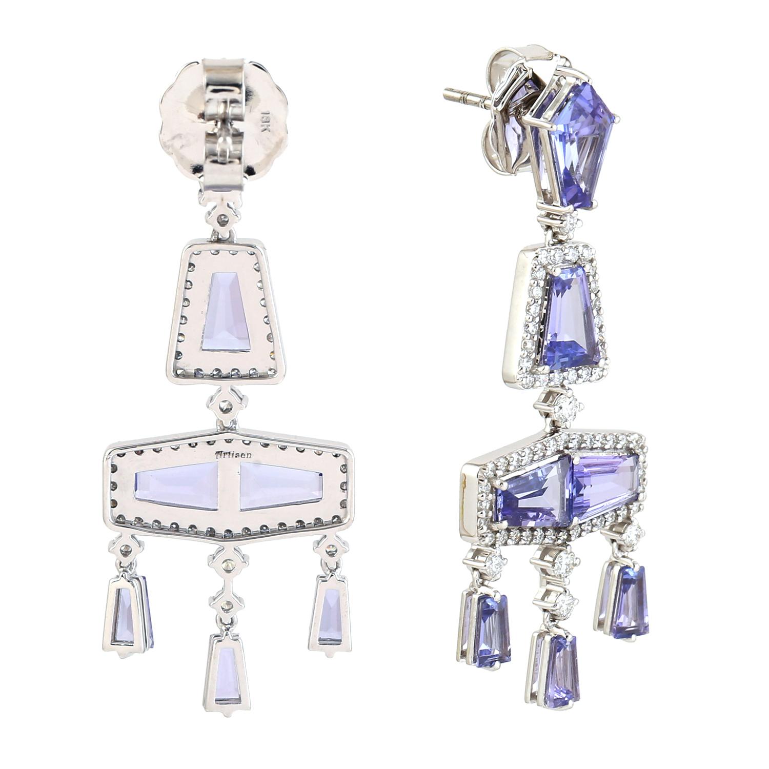Art Deco Tanzanite Chandelier Earrings With Diamonds made In 18k White Gold For Sale