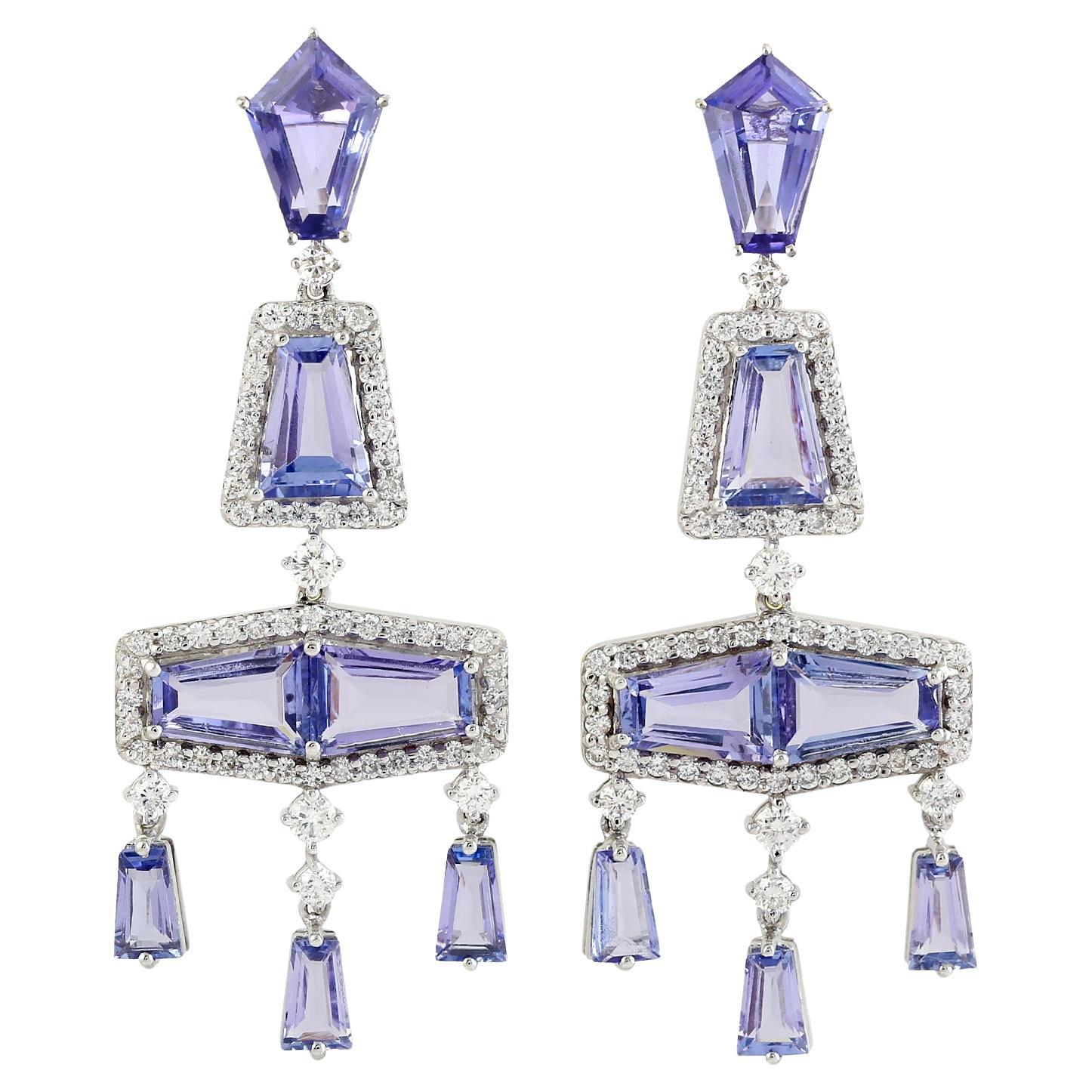Tanzanite Chandelier Earrings With Diamonds made In 18k White Gold For Sale
