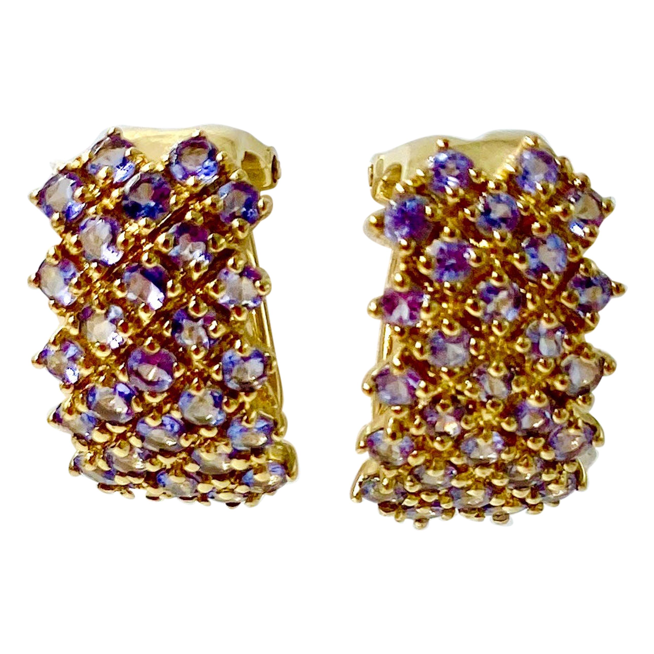 Tanzanite Checkerboard Cluster Earrings Yellow Gold For Sale