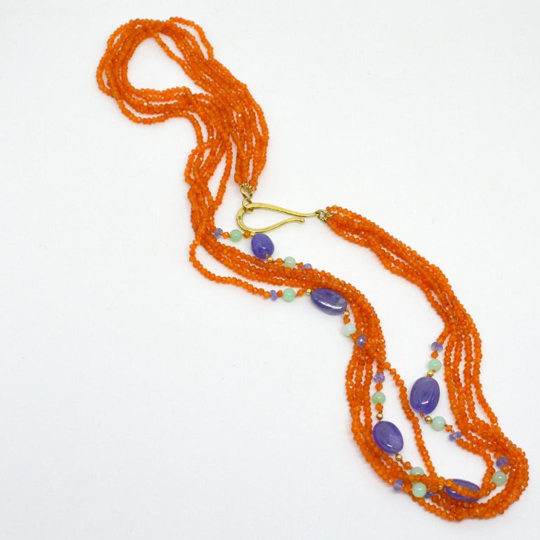 Contemporary Tanzanite Chrysophrase Carnelian Gold Necklace For Sale