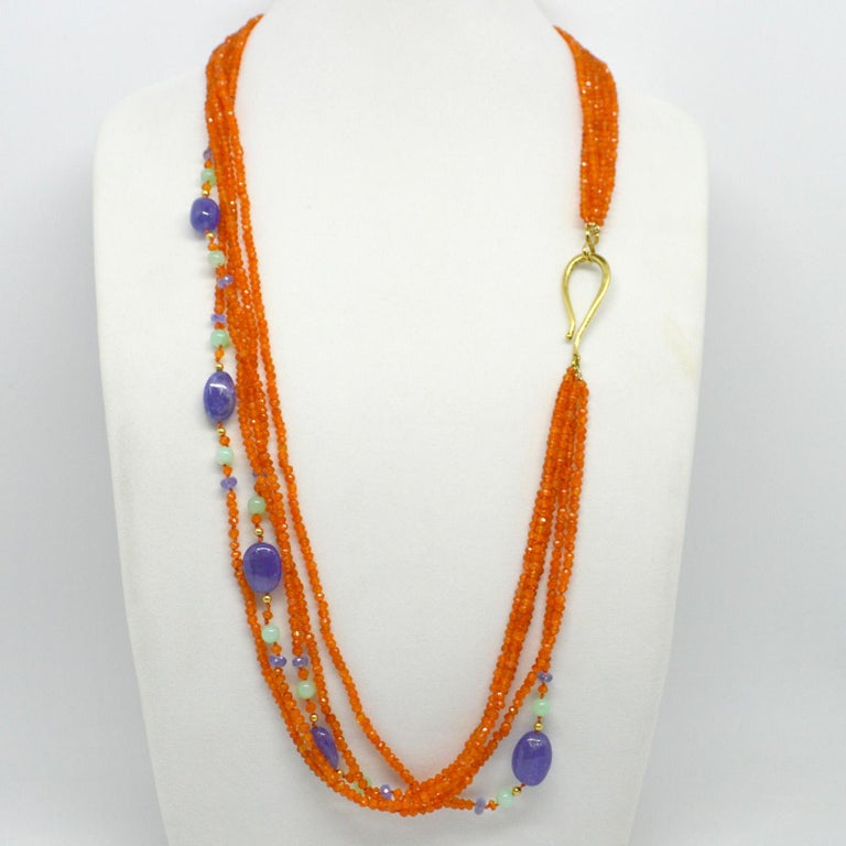 Tanzanite Chrysophrase Carnelian Gold Necklace In New Condition For Sale In Sydney, AU
