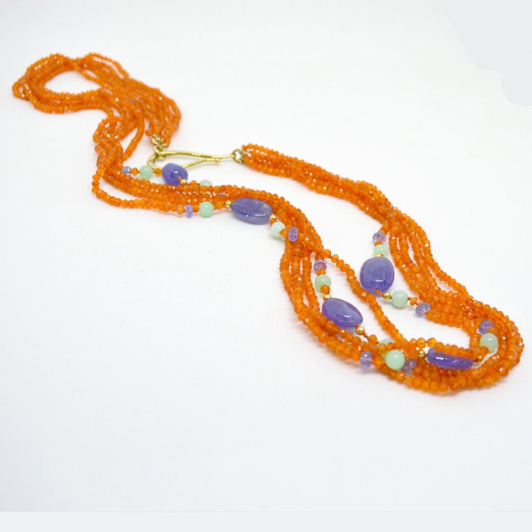 Women's or Men's Tanzanite Chrysophrase Carnelian Gold Necklace For Sale