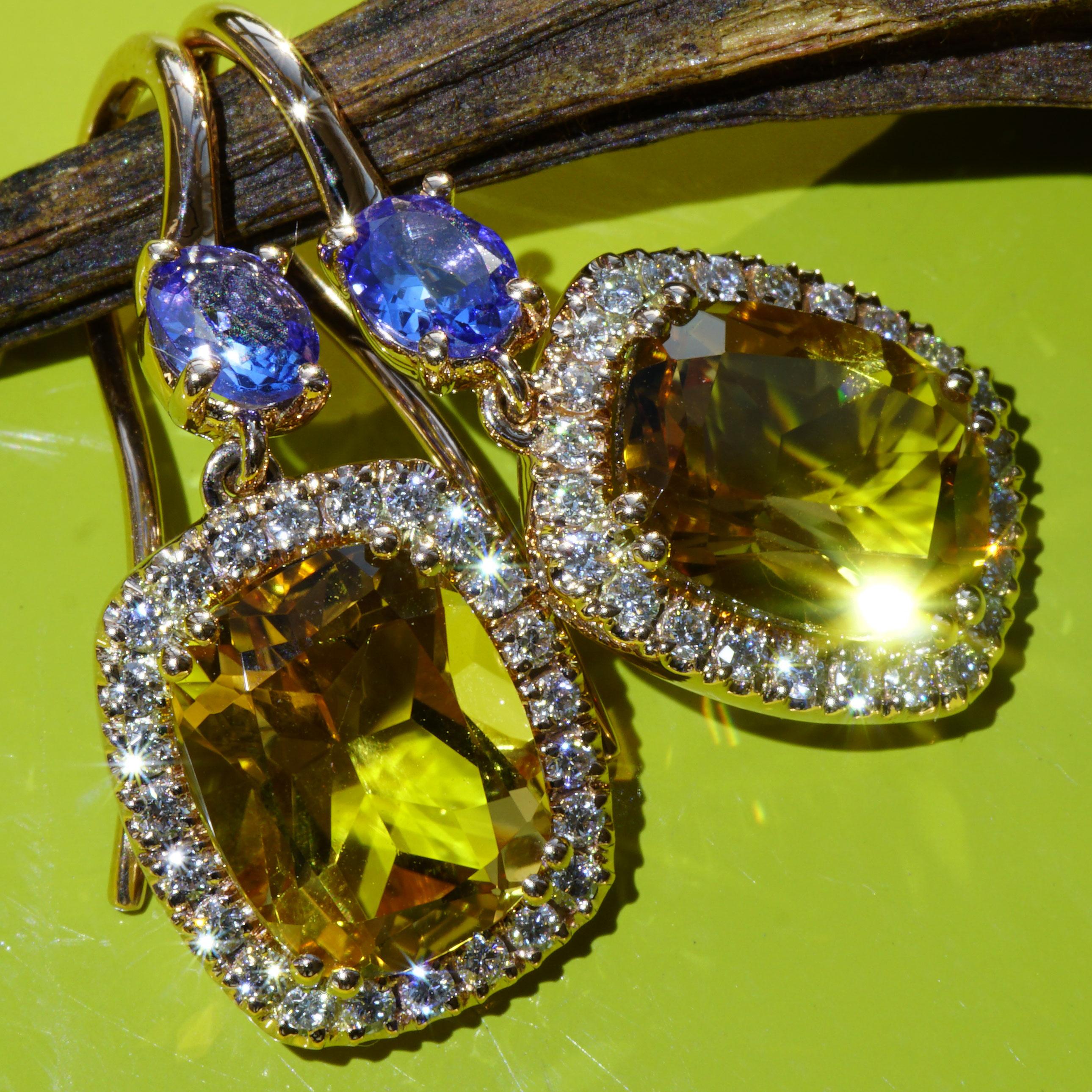 Brilliant Cut Tanzanite Citrine Earring with Brilliants Rose Gold High Quality Jewellery Italy