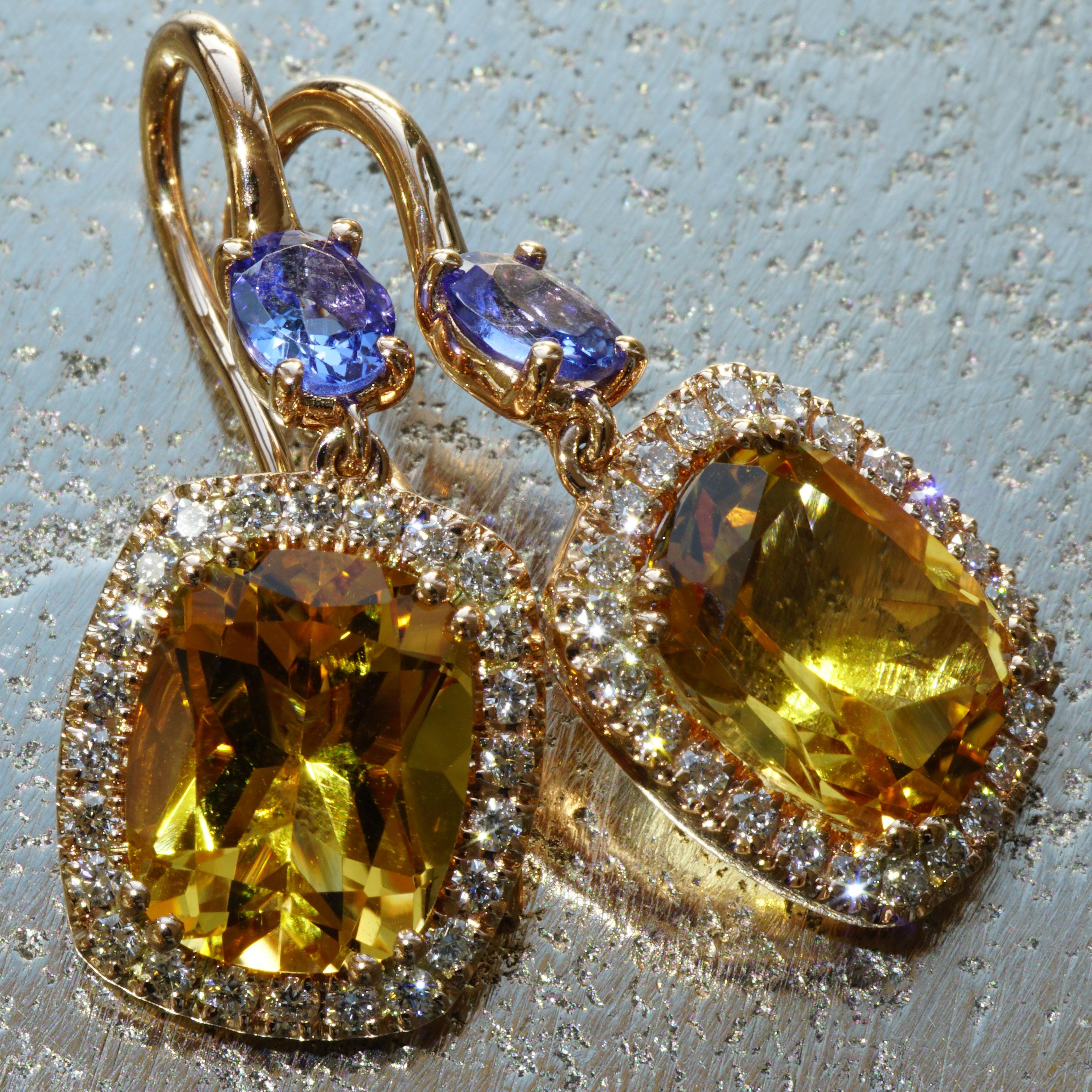 Tanzanite Citrine Earring with Brilliants Rose Gold High Quality Jewellery Italy In New Condition In Viena, Viena
