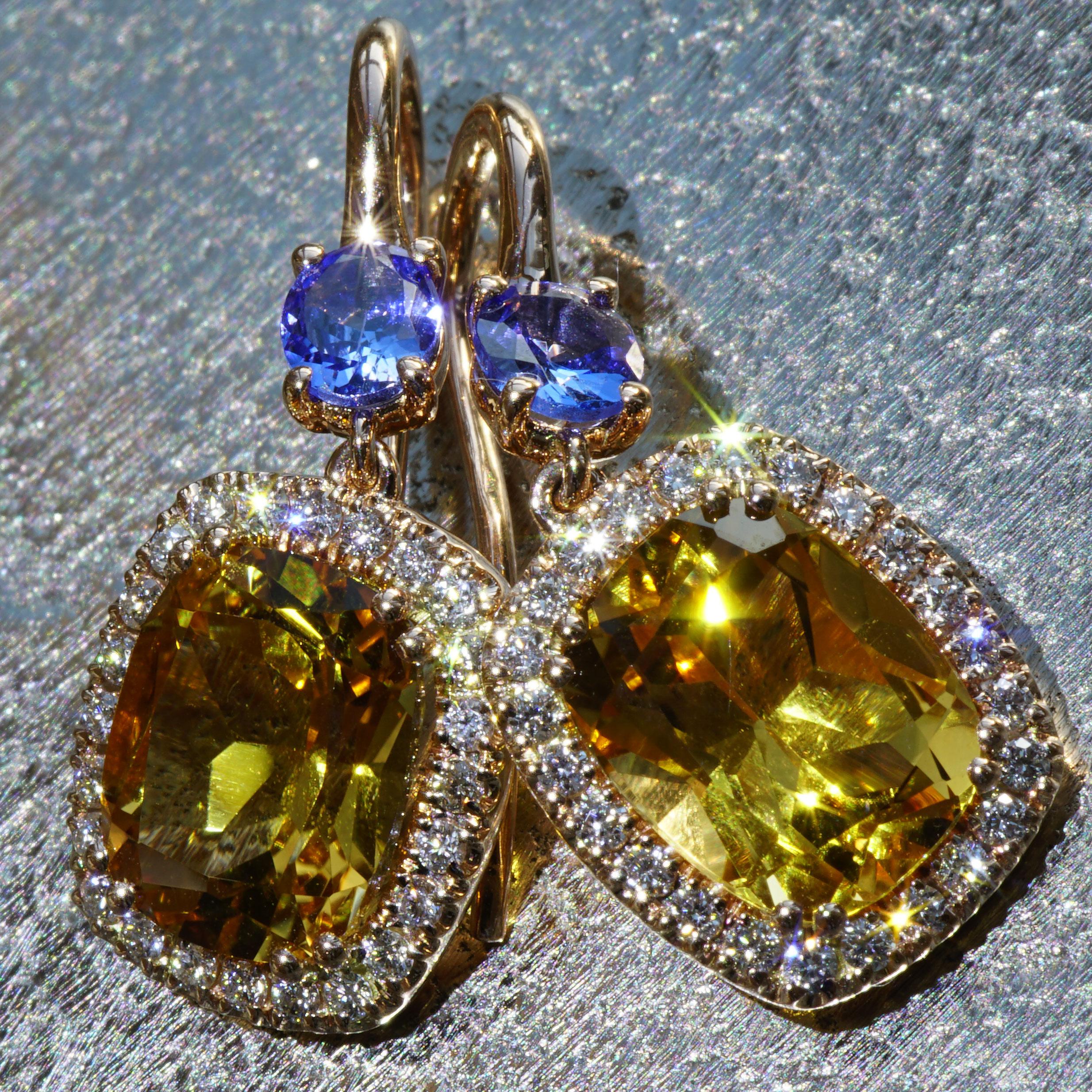 Women's or Men's Tanzanite Citrine Earring with Brilliants Rose Gold High Quality Jewellery Italy