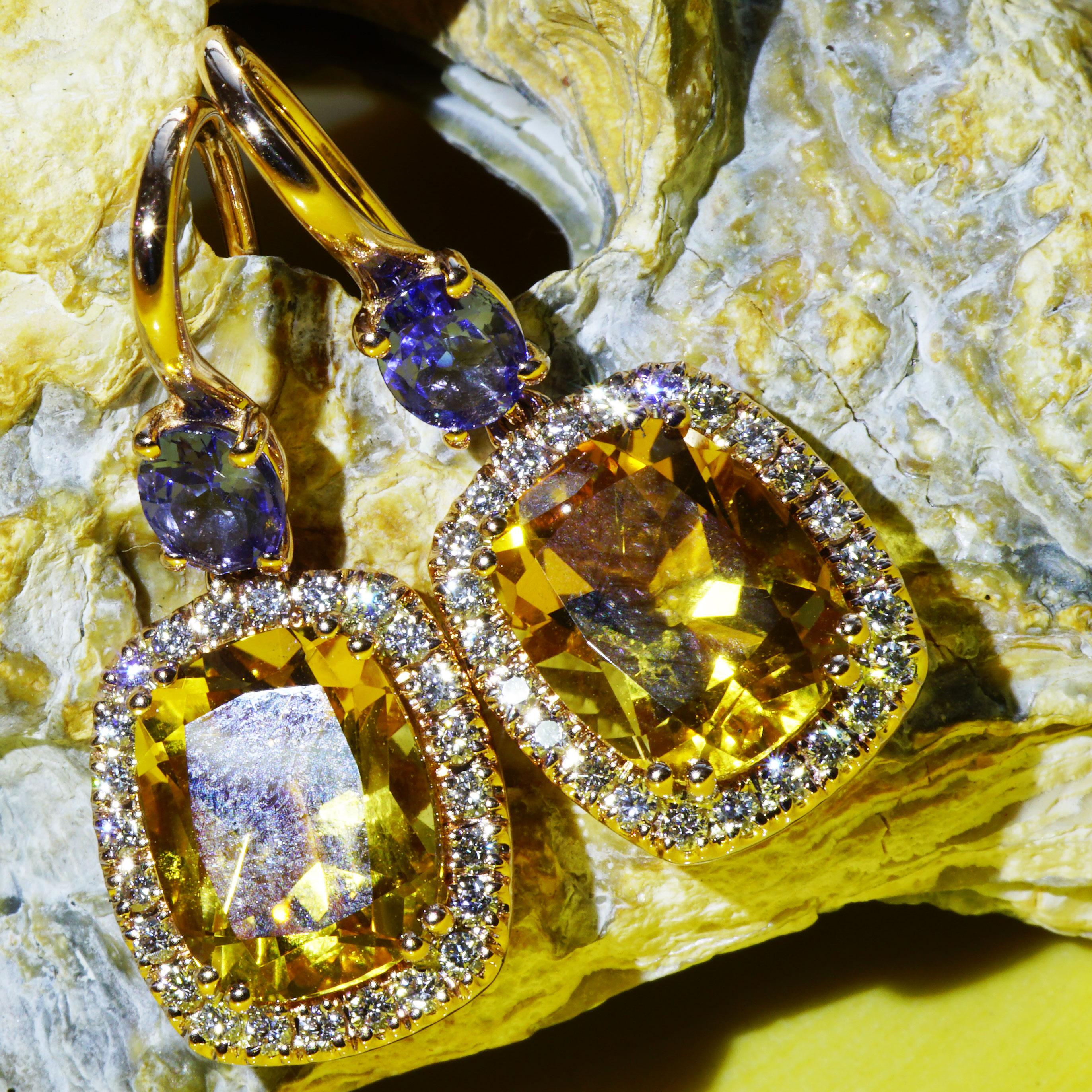 Tanzanite Citrine Earring with Brilliants Rose Gold High Quality Jewellery Italy 2