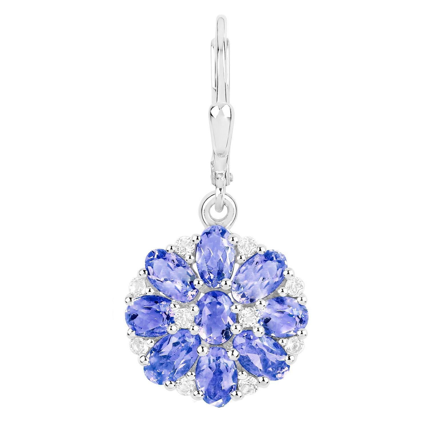 Oval Cut Tanzanite Cluster Dangle Earrings White Topaz 2.9 Carats For Sale