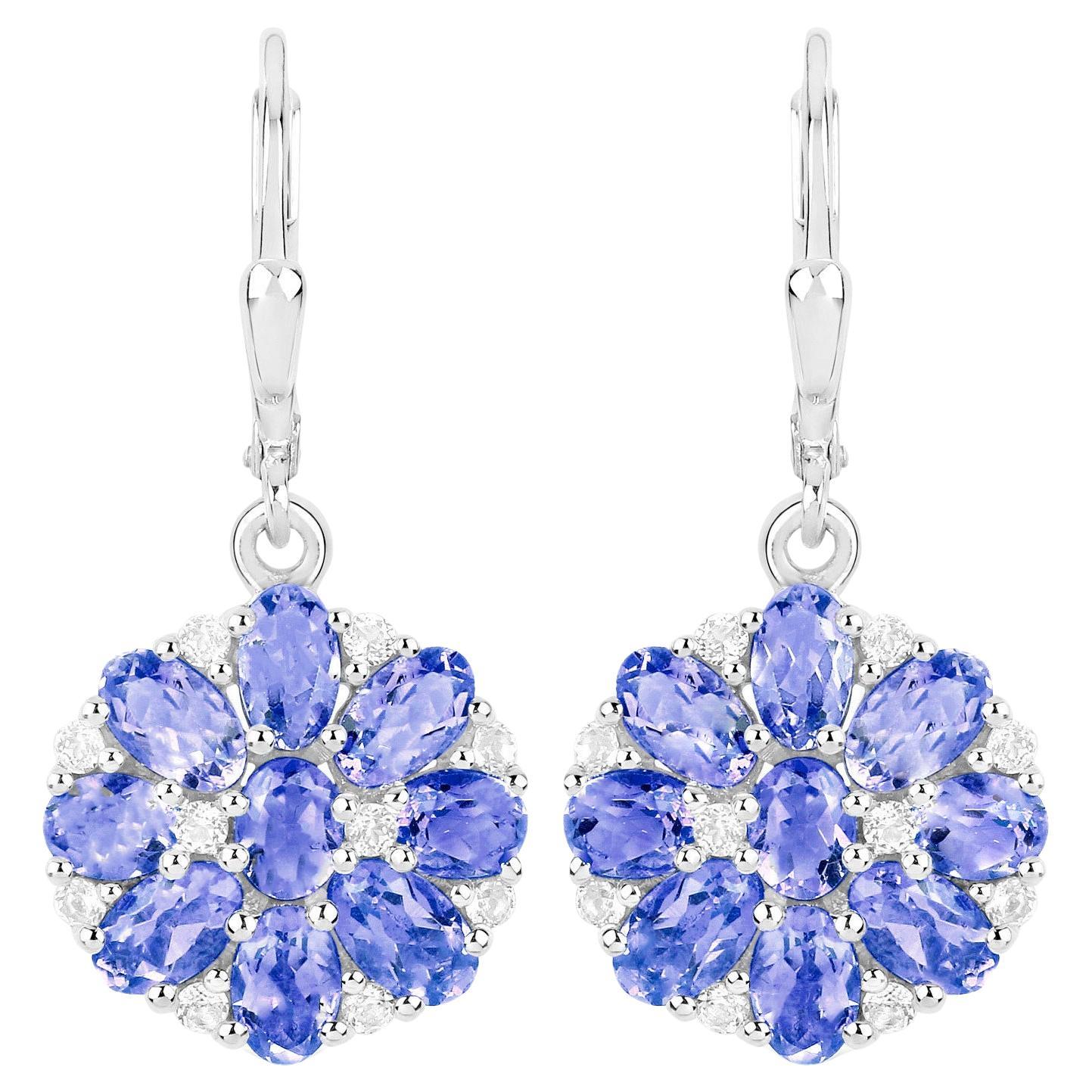 Tanzanite Cluster Dangle Earrings White Topaz 2.9 Carats For Sale