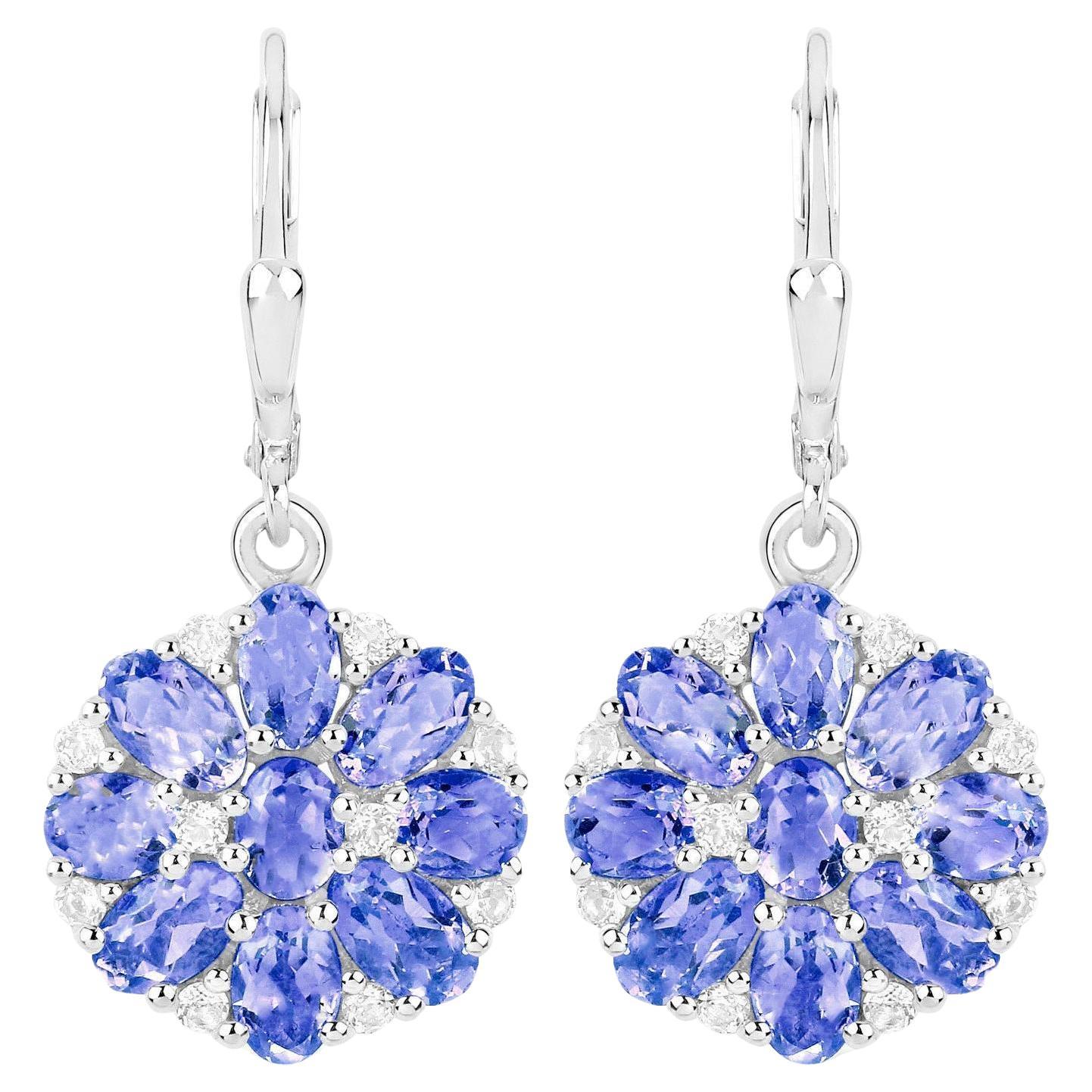 Tanzanite Cluster Dangle Earrings White Topaz 2.9 Carats For Sale