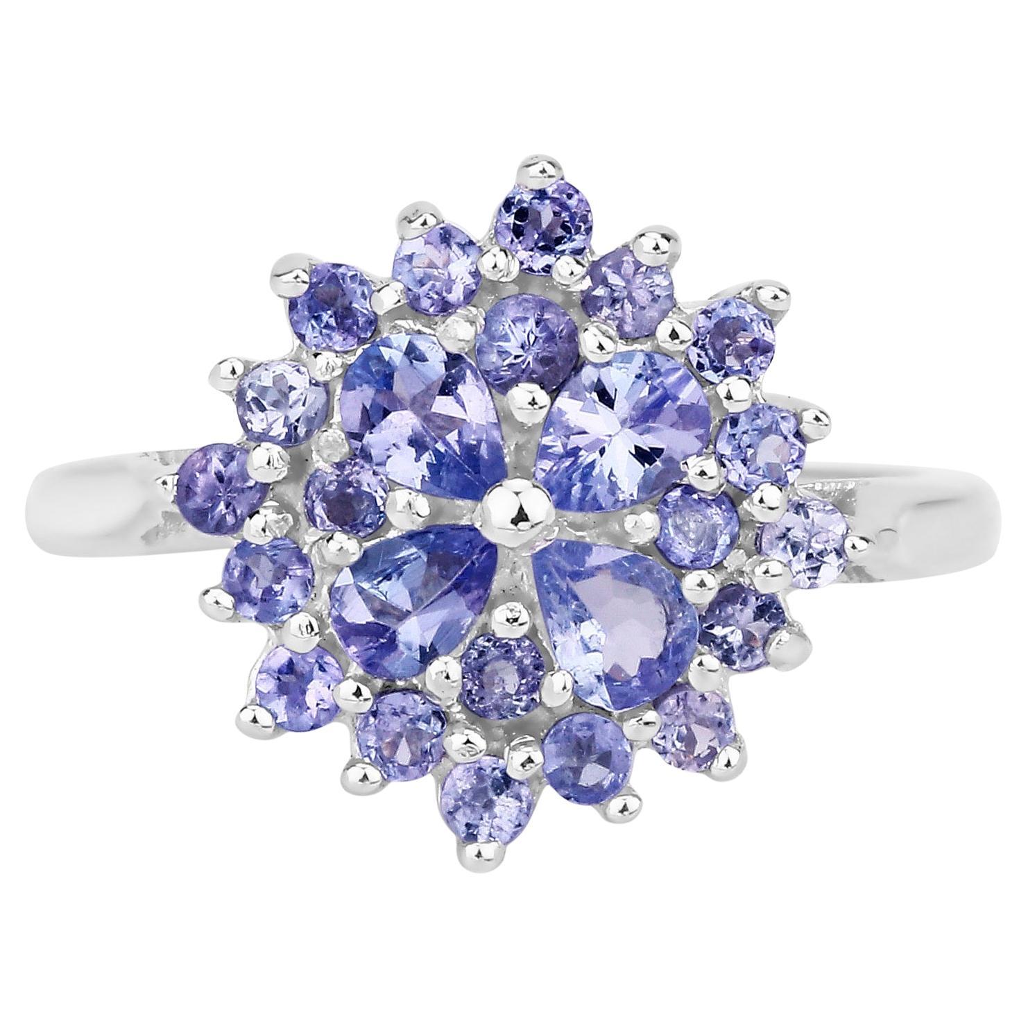 Tanzanite Cluster Ring 1.15 Carats Sterling Silver For Sale