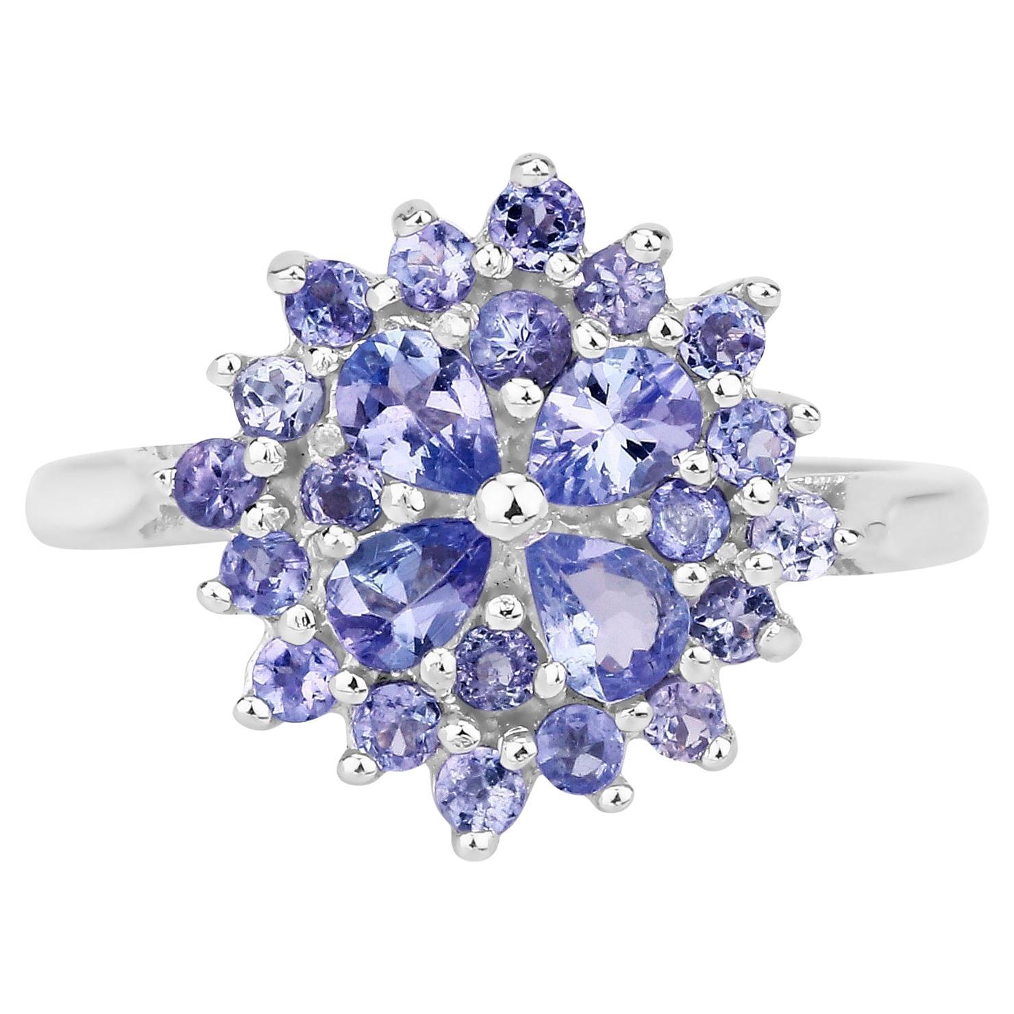 Tanzanite Cluster Ring 1.15 Carats Sterling Silver For Sale