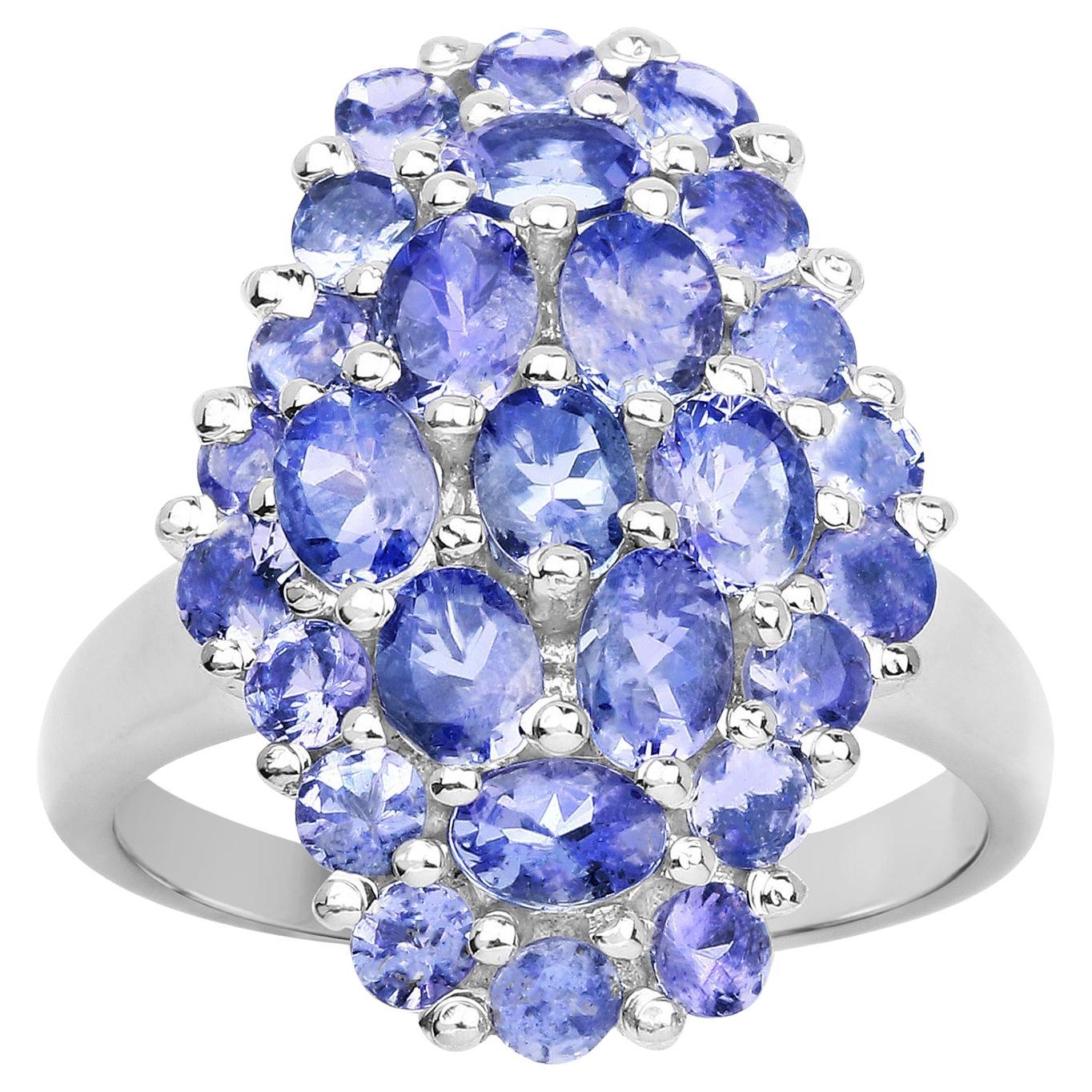 Tanzanite Cluster Ring 2.80 Carats Rhodium Plated Sterling Silver For Sale