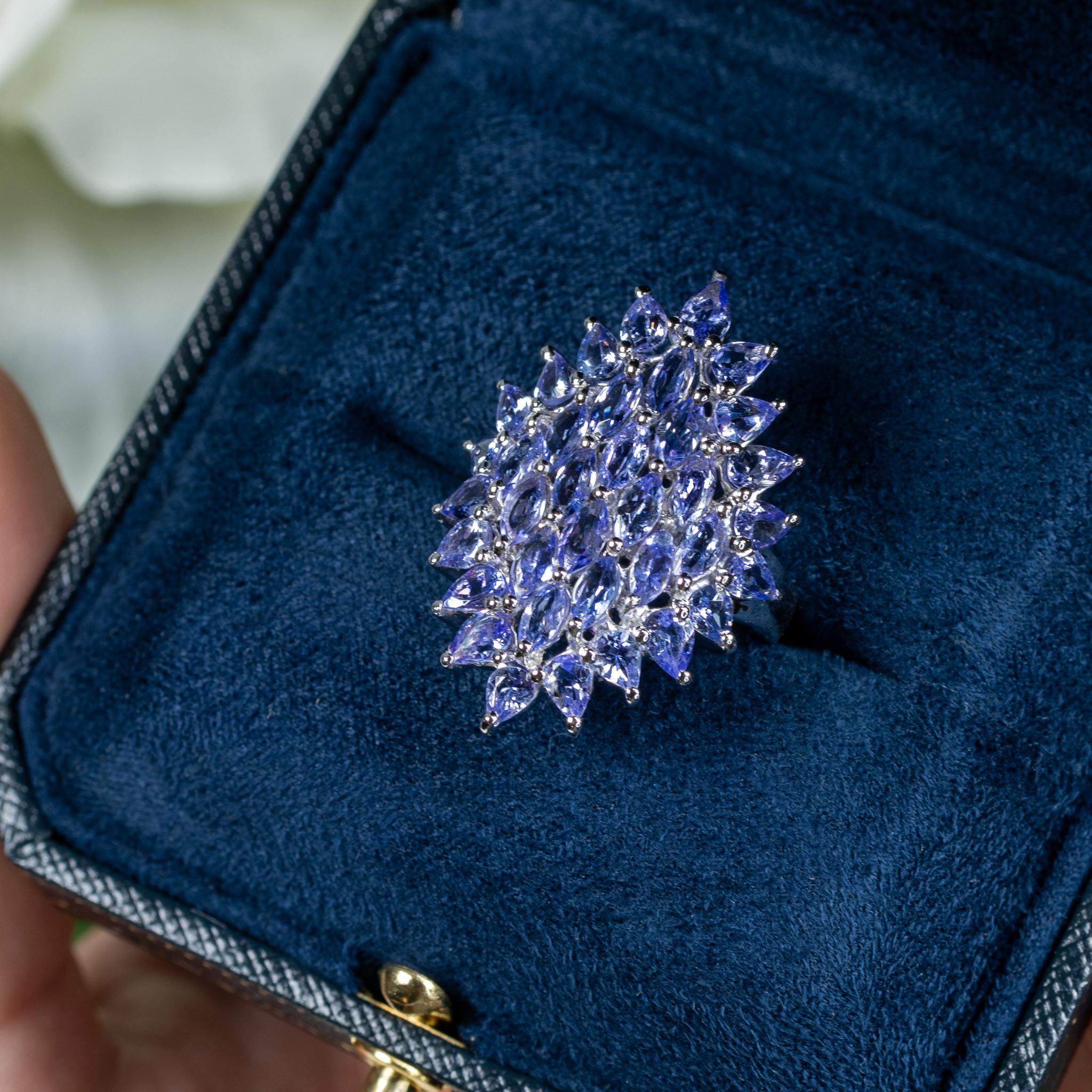 Contemporary Tanzanite Cluster Ring 5.05 Carats Sterling Silver For Sale