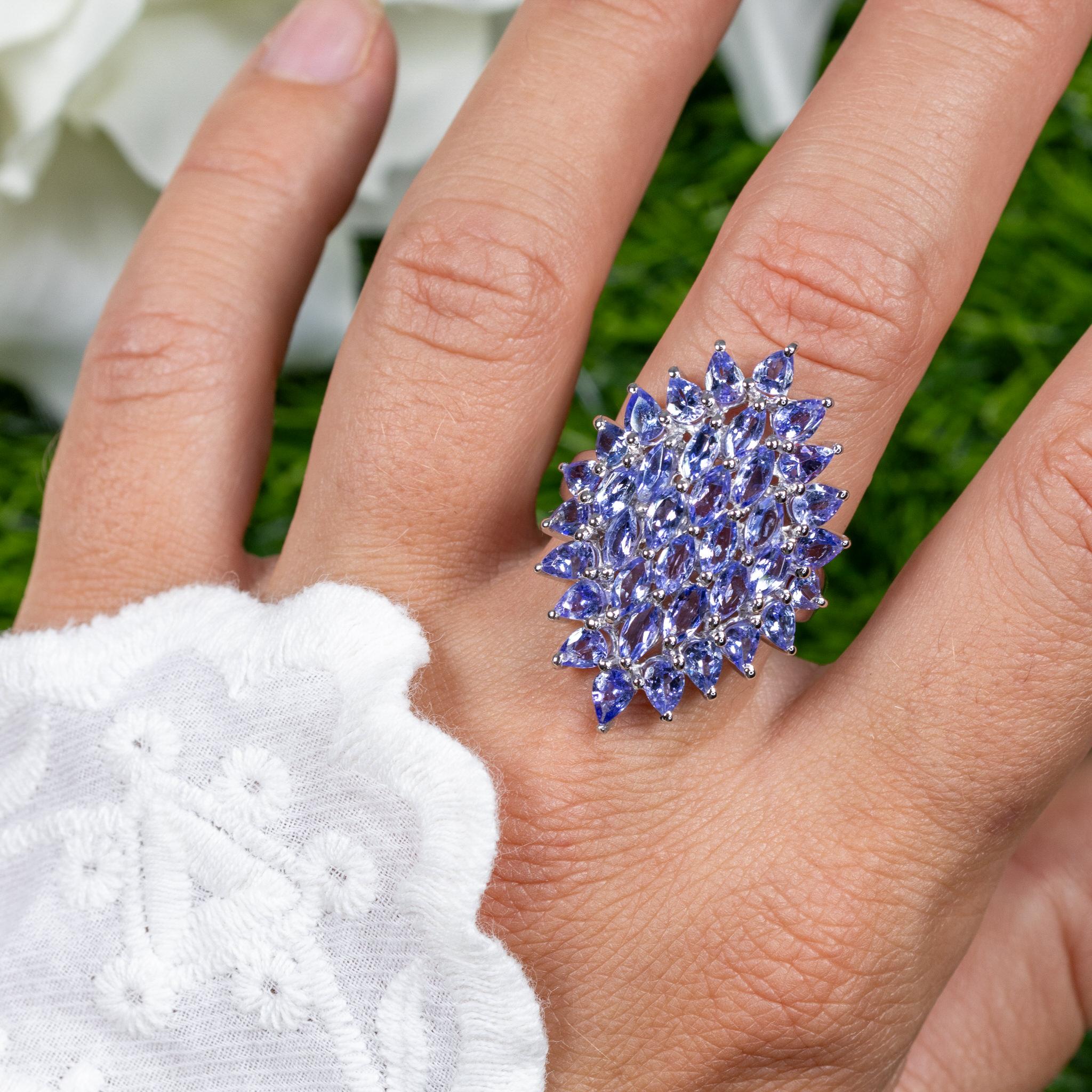 Marquise Cut Tanzanite Cluster Ring 5.05 Carats Sterling Silver For Sale