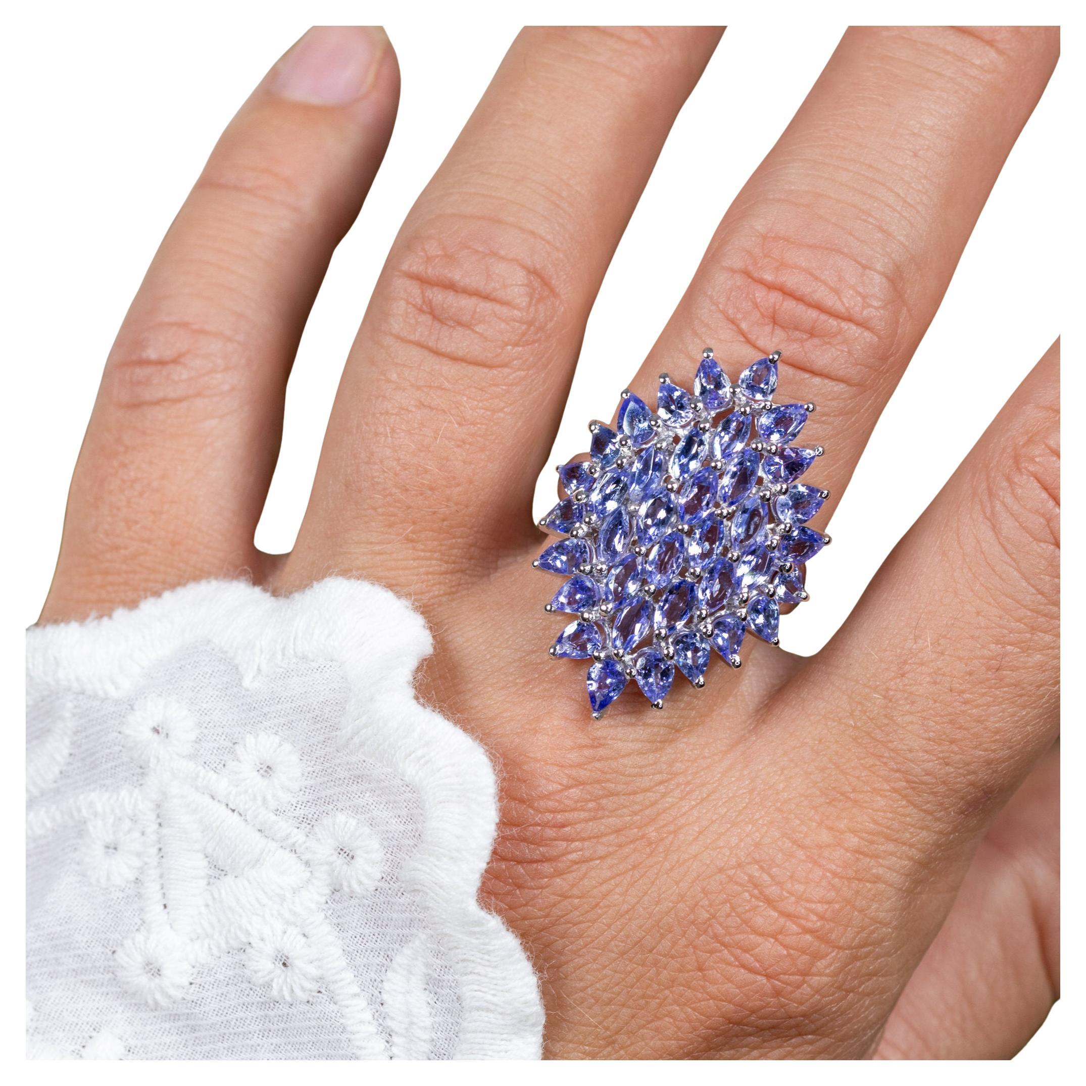 Tanzanite Cluster Ring 5.05 Carats Sterling Silver For Sale
