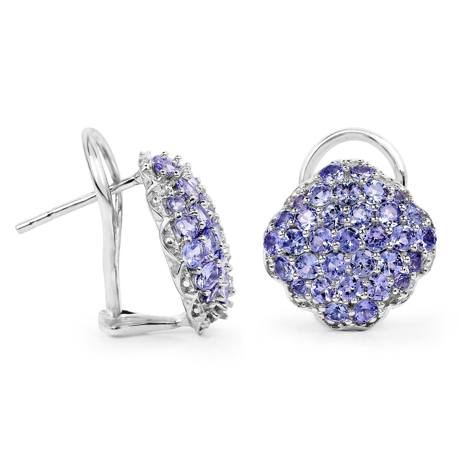 Mixed Cut Tanzanite Cluster Stud Earrings 3.12 Carats Sterling Silver For Sale