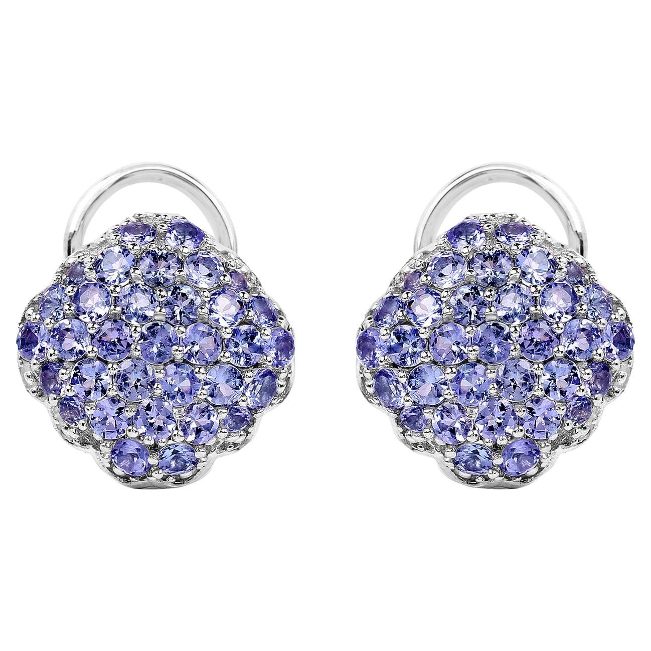 Tanzanite Cluster Stud Earrings 3.12 Carats Sterling Silver For Sale