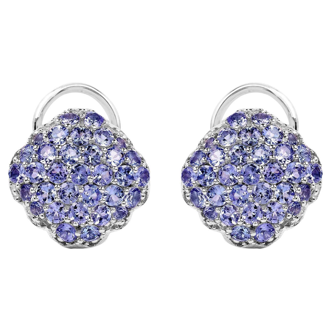 Tanzanite Cluster Stud Earrings 3.12 Carats Sterling Silver For Sale