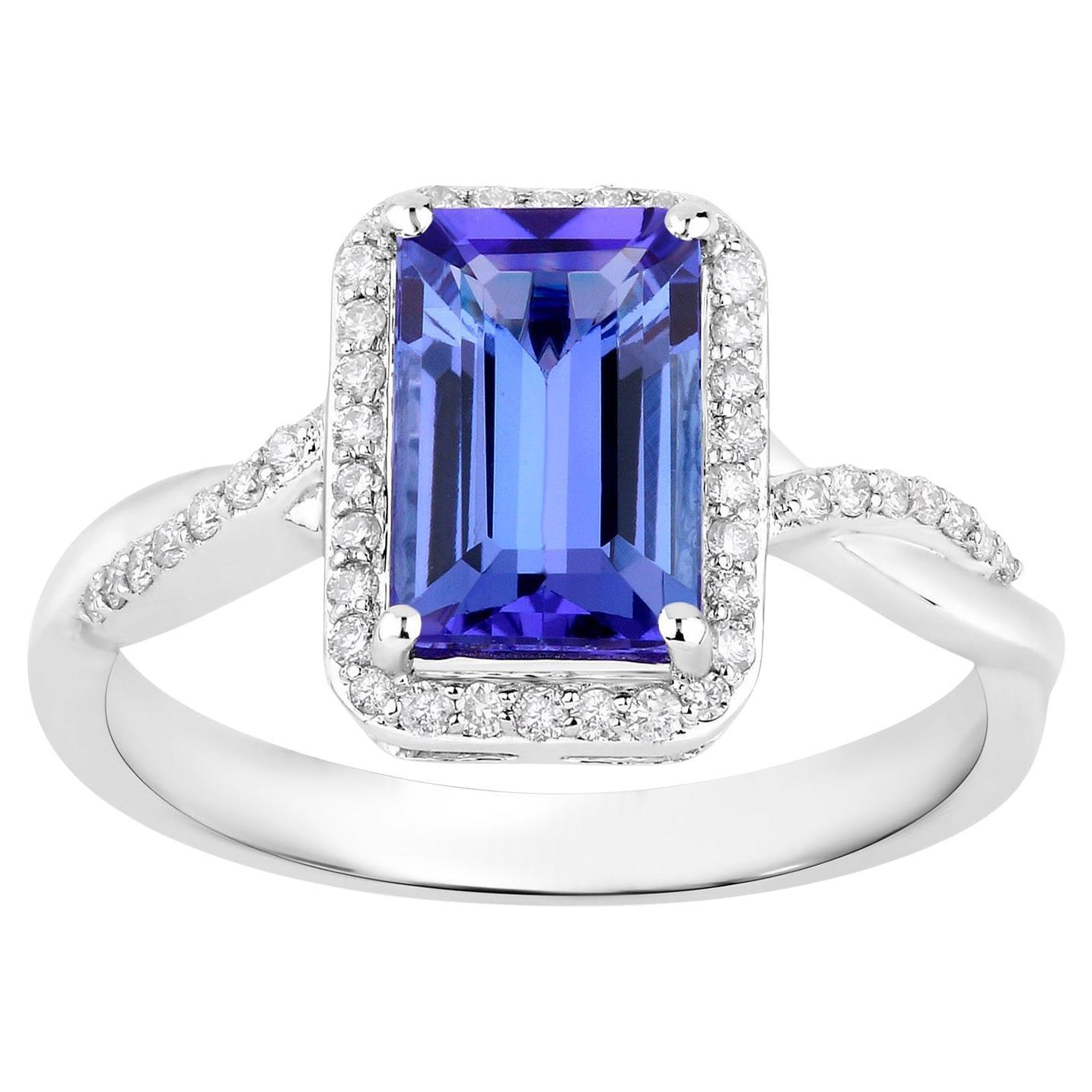 Tanzanite Cocktail Ring Diamond Halo 2.1 Carats Total 14K Gold For Sale