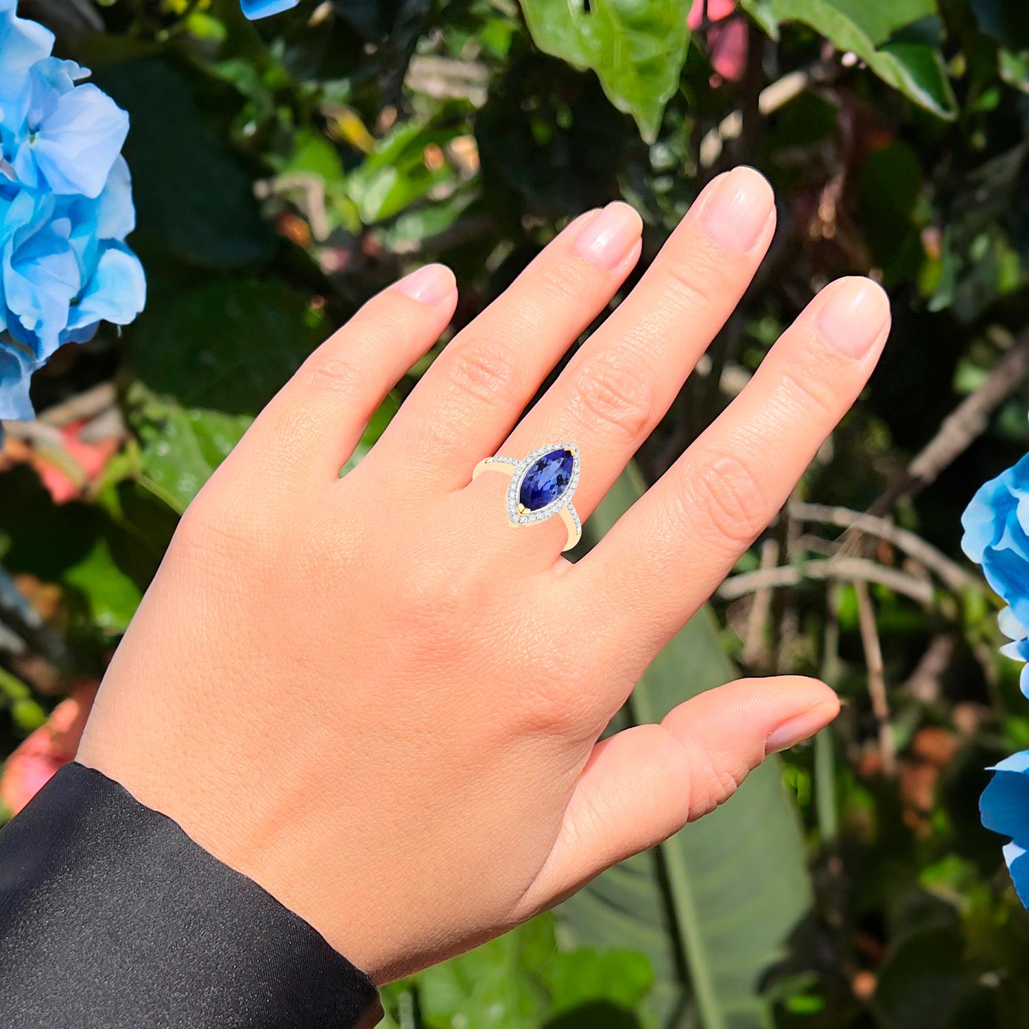 Contemporary Tanzanite Cocktail Ring Diamond Halo 2.3 Carats Total 14K Gold For Sale