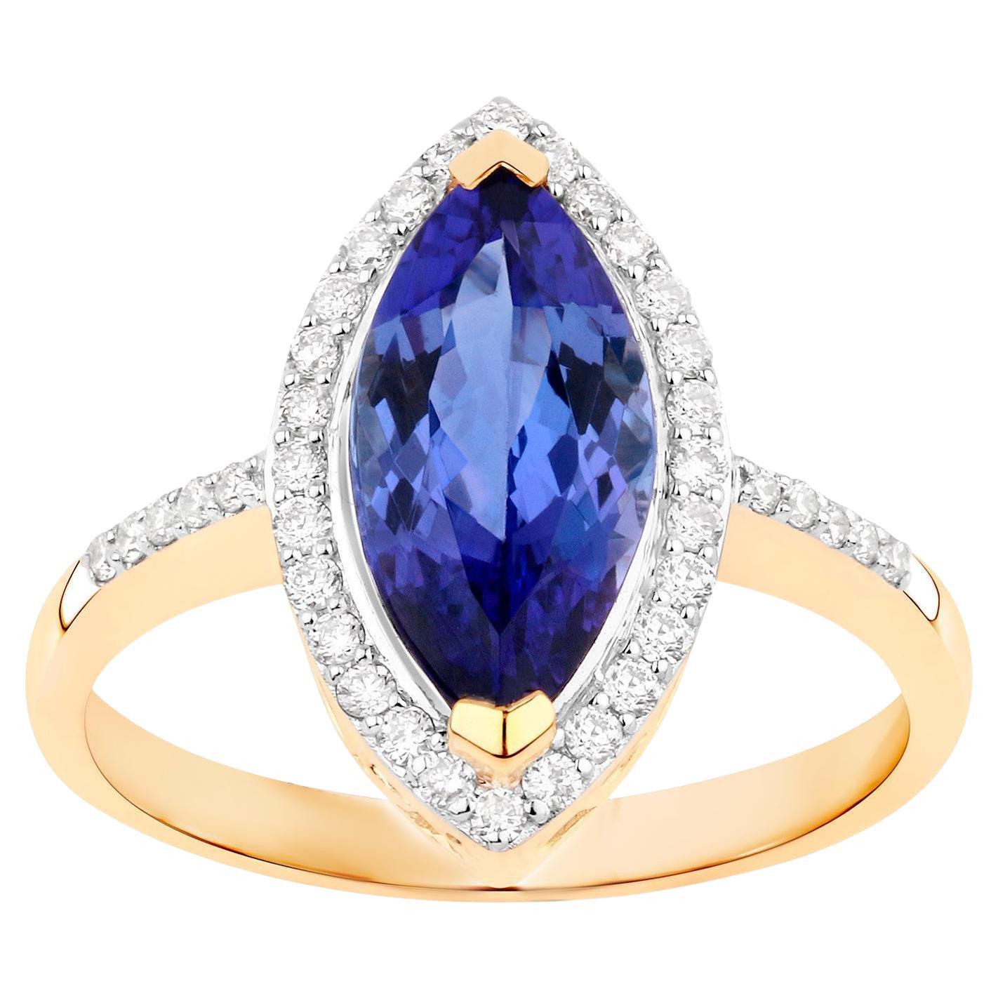 Tanzanite Cocktail Ring Diamond Halo 2.3 Carats Total 14K Gold For Sale