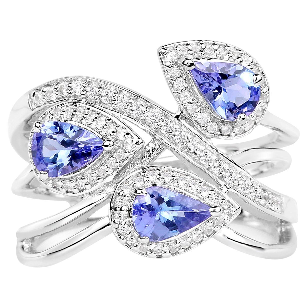 Tansanit Cocktail Ring Weißer Zirkon 1,51 Karat Sterling Silber im Angebot