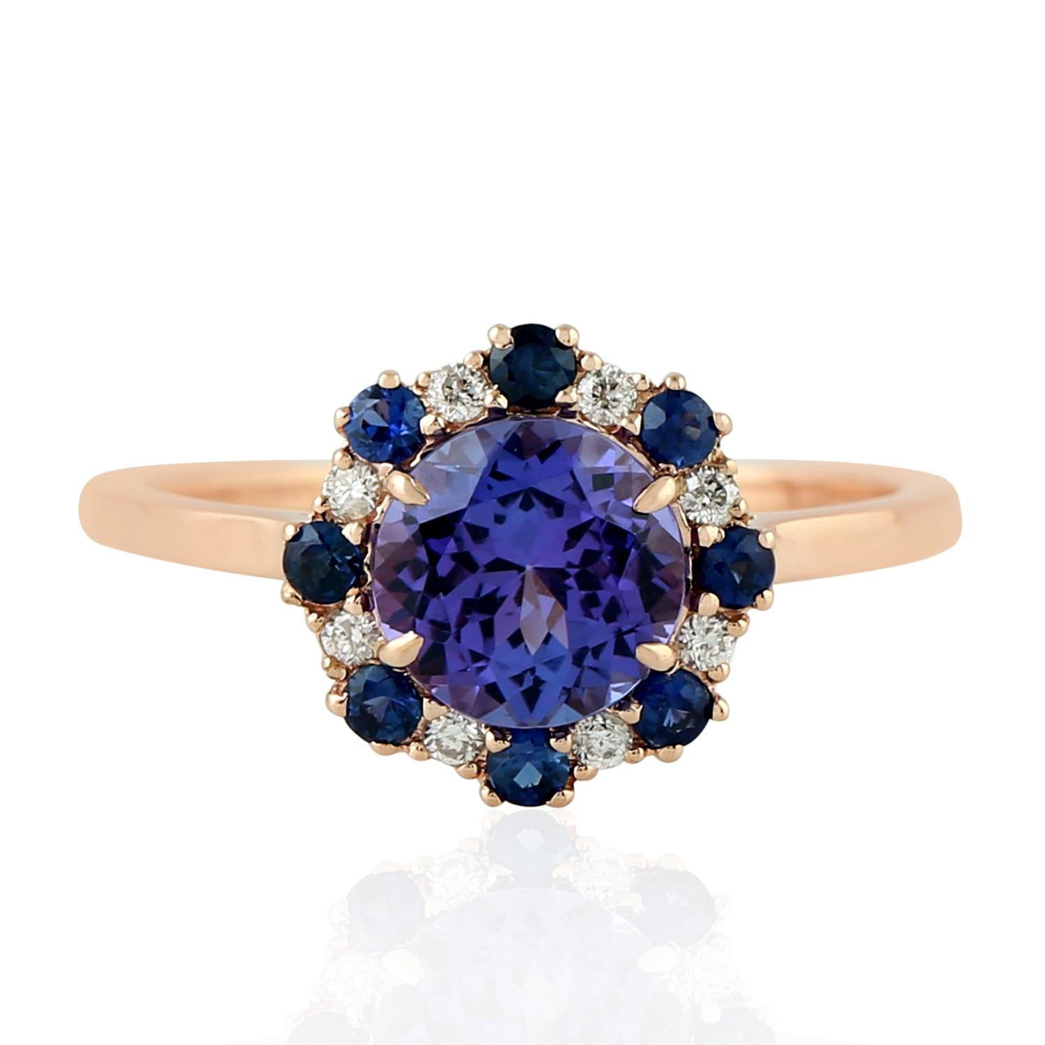 Art Nouveau Tanzanite Cocktail Ring With Blue Sapphire & Diamonds Made In 18k Rose Gold For Sale