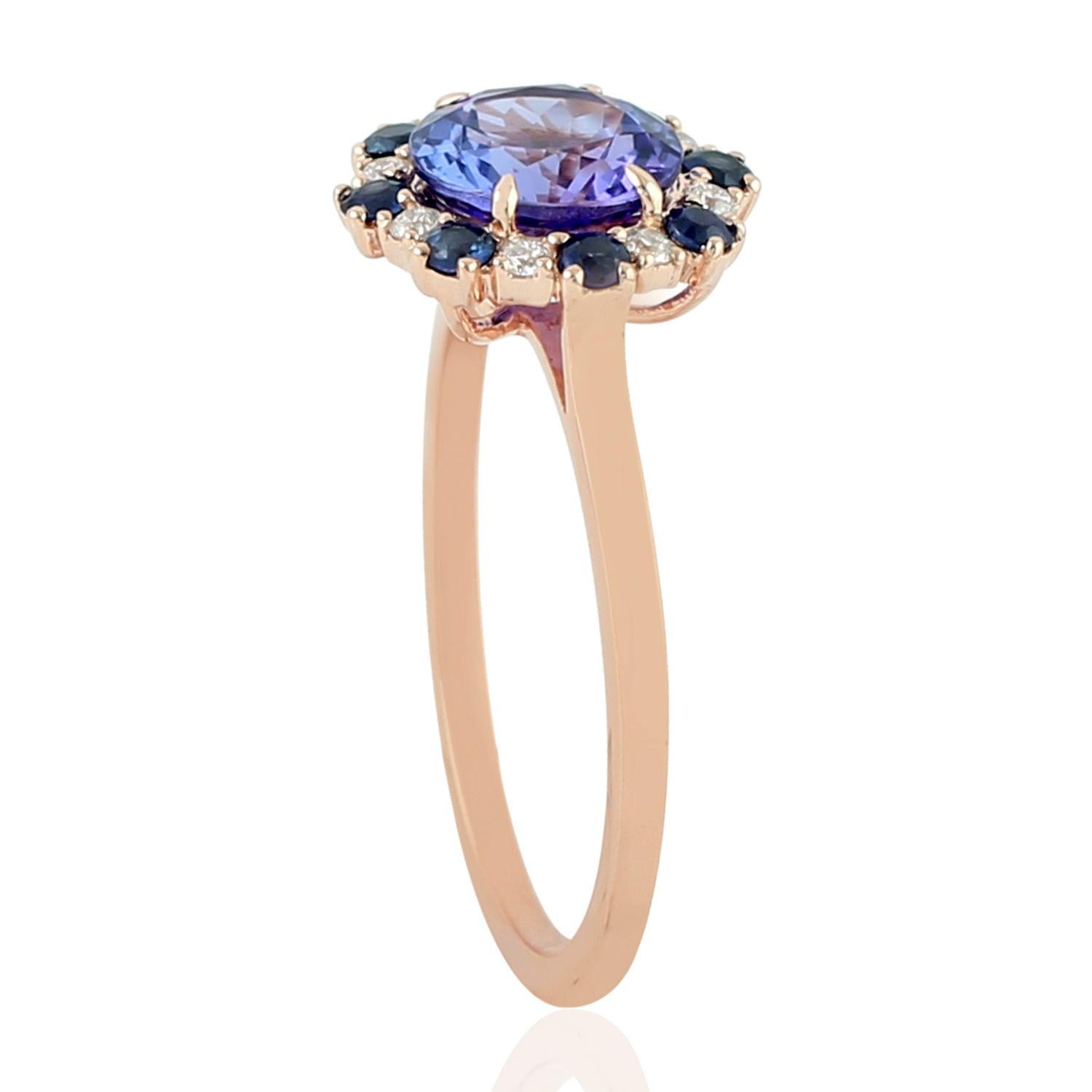 Mixed Cut Tanzanite Cocktail Ring With Blue Sapphire & Diamonds Made In 18k Rose Gold For Sale