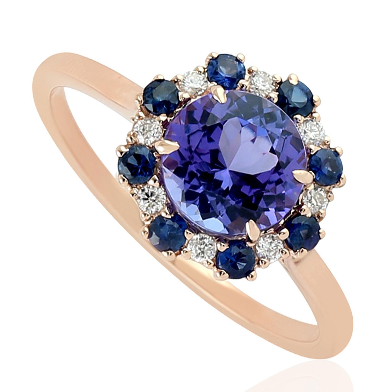 Women's Tanzanite Cocktail Ring With Blue Sapphire & Diamonds Made In 18k Rose Gold For Sale