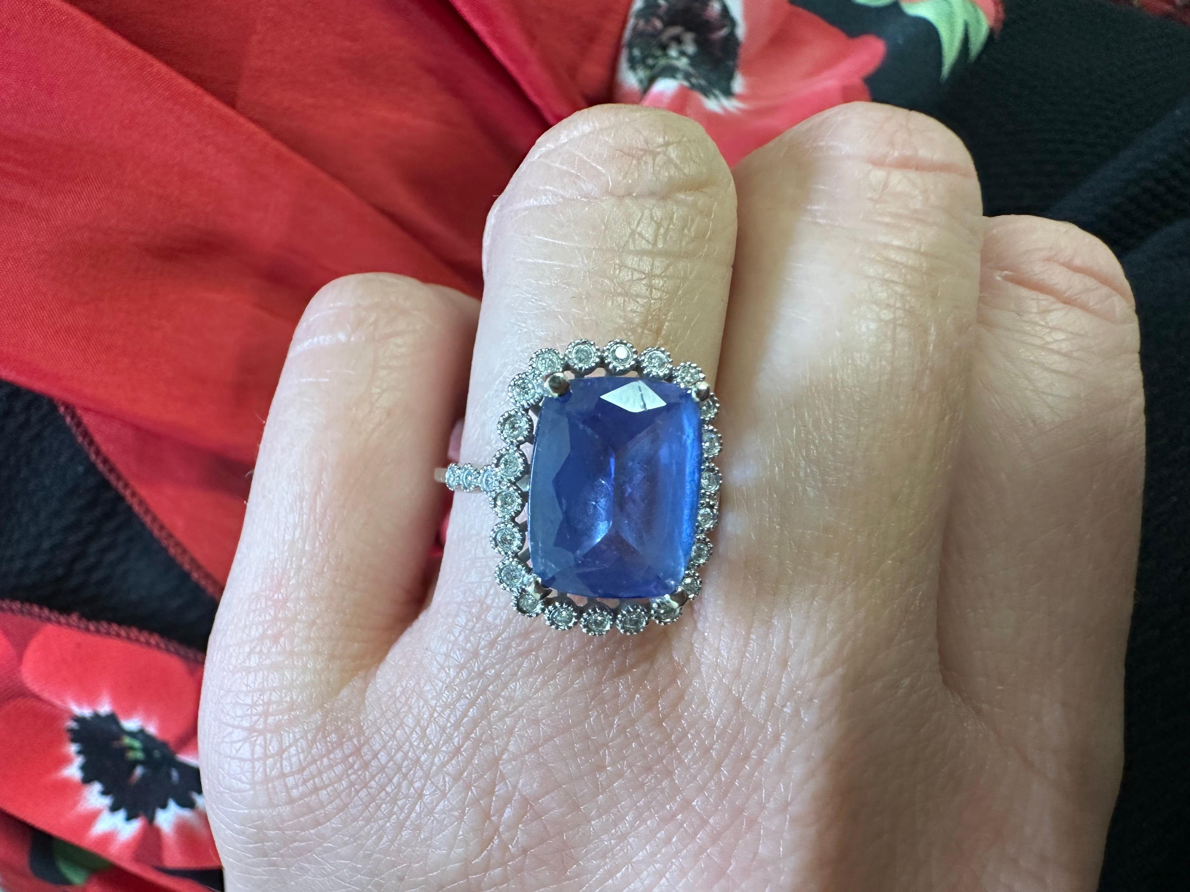 Cushion Cut Tanzanite cocktail ring with diamonds 14KT gold For Sale