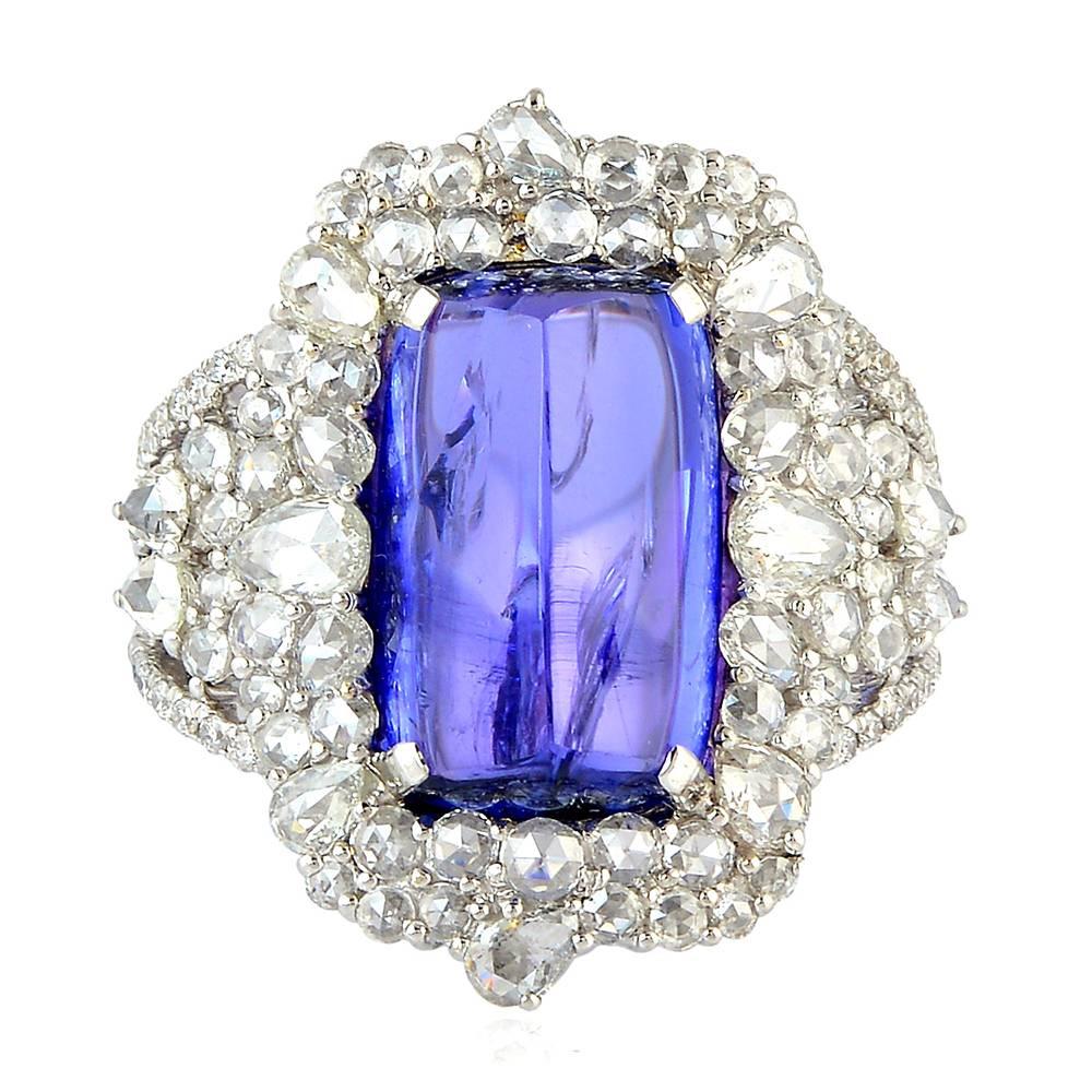 Modern Tanzanite Cocktail Ring With Diamonds Made In 18k White Gold For Sale
