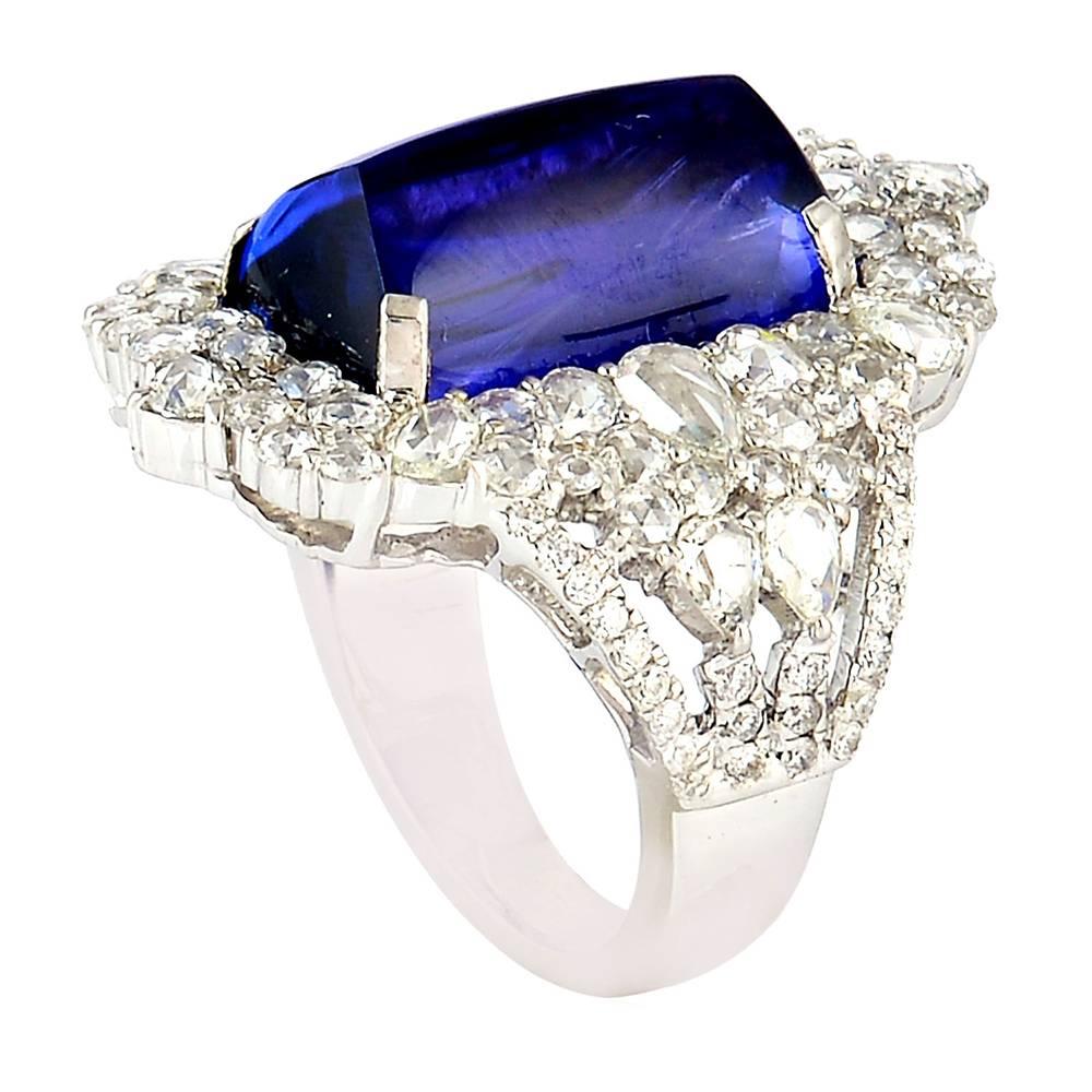 Tanzanite Cocktail Ring With Diamonds Made In 18k White Gold For Sale
