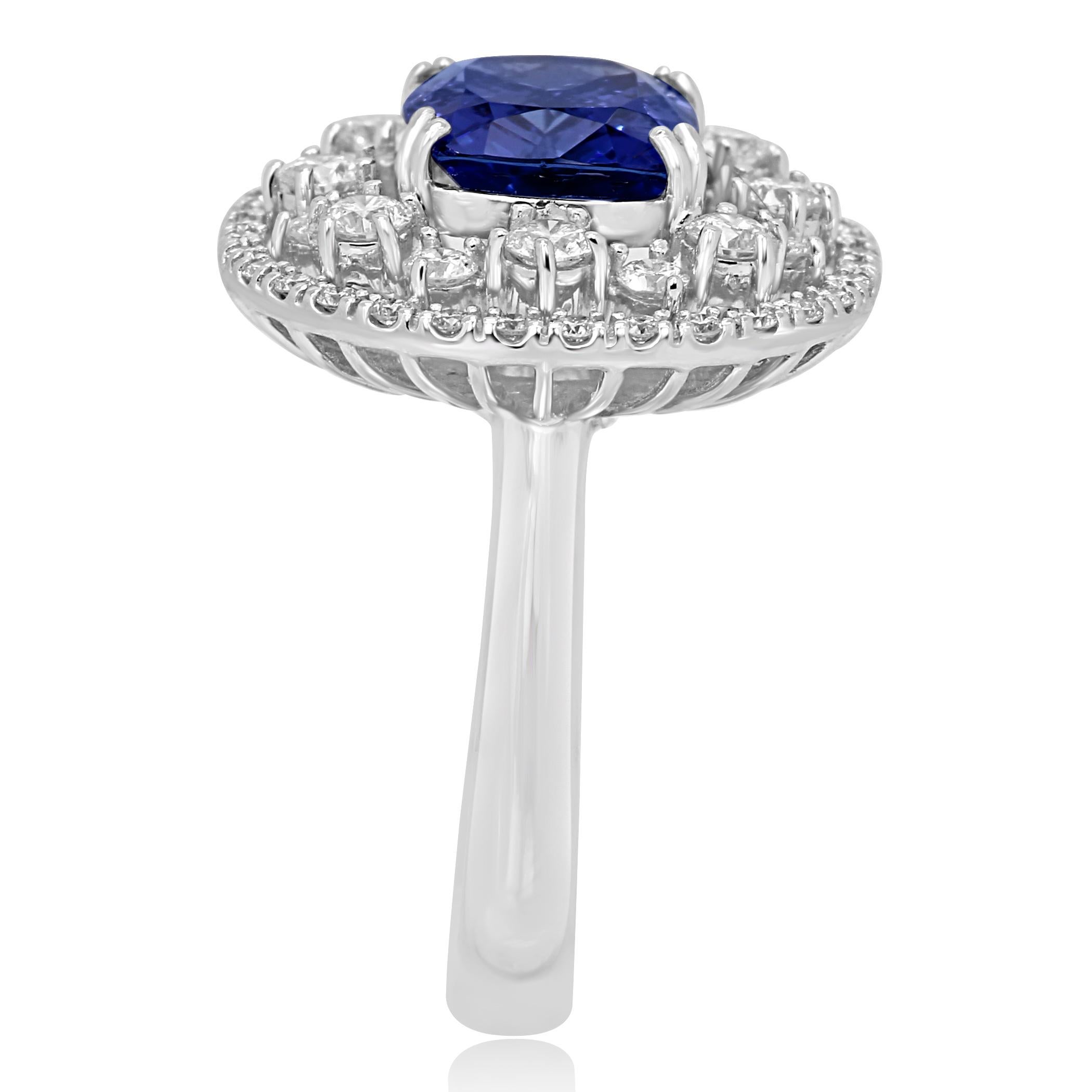 Tanzanite Cushion Diamond Double Halo White Gold Cocktail Fashion Big Look Ring In New Condition In NEW YORK, NY