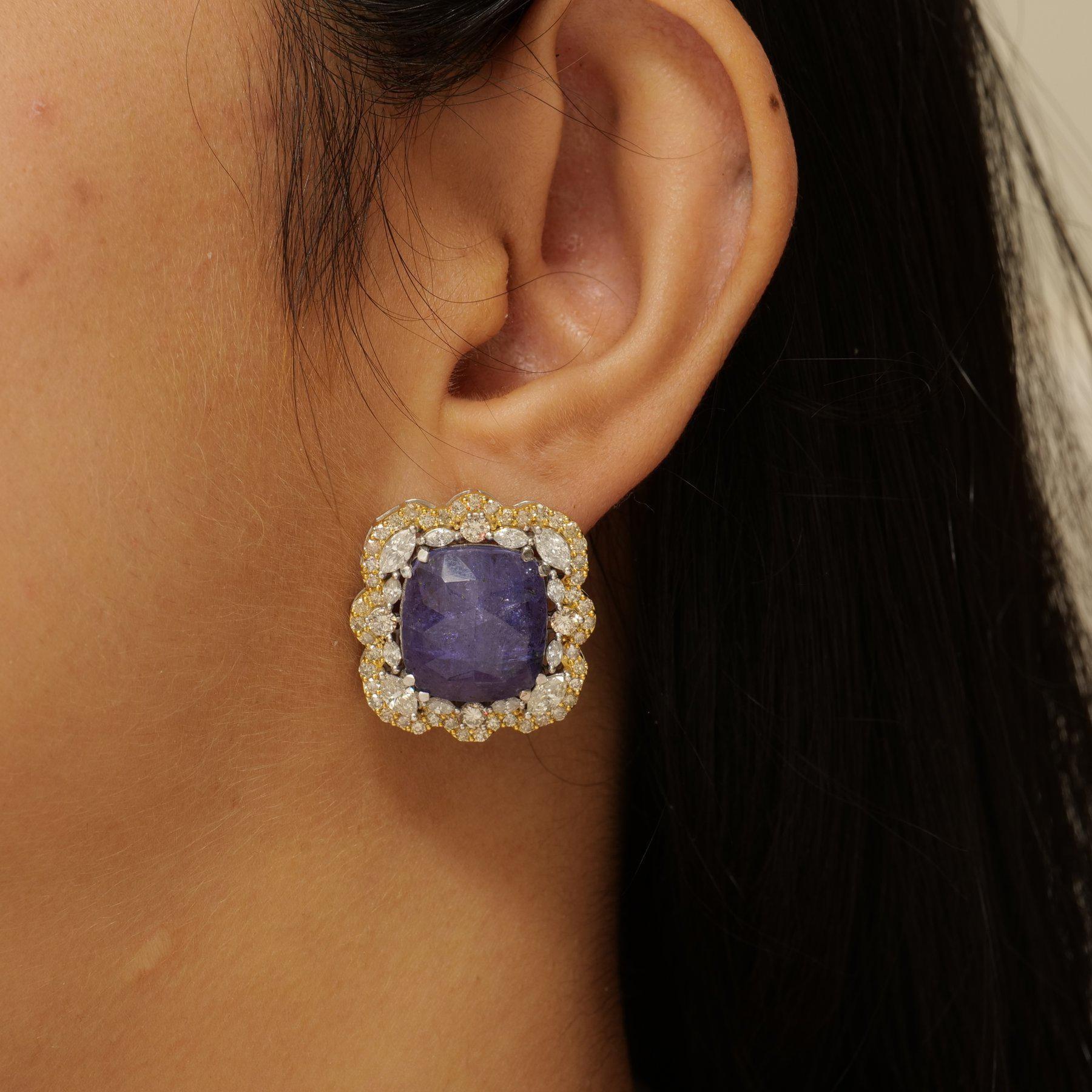 Art Déco Orecchini con diamante a forma di cuscino di tanzanite in oro massiccio 14K (certificati) in vendita