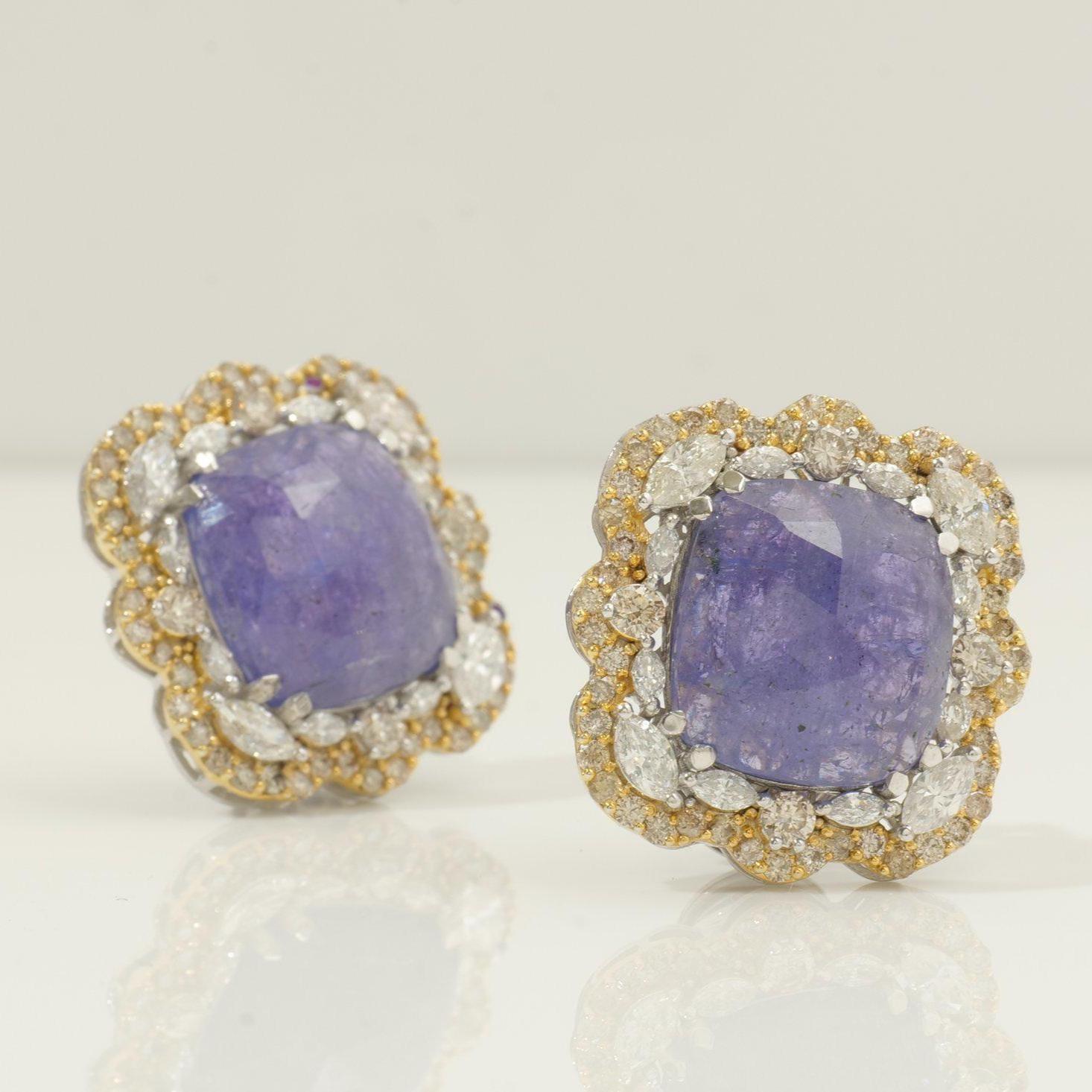 Taglio rotondo Orecchini con diamante a forma di cuscino di tanzanite in oro massiccio 14K (certificati) in vendita