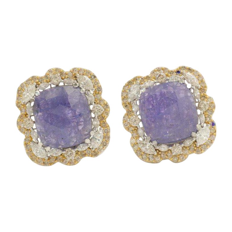 Orecchini con diamante a forma di cuscino di tanzanite in oro massiccio 14K (certificati)