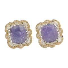 Tanzanite Cushion Halo Diamond Stud Earrings in 14K Solid Gold (Certified)