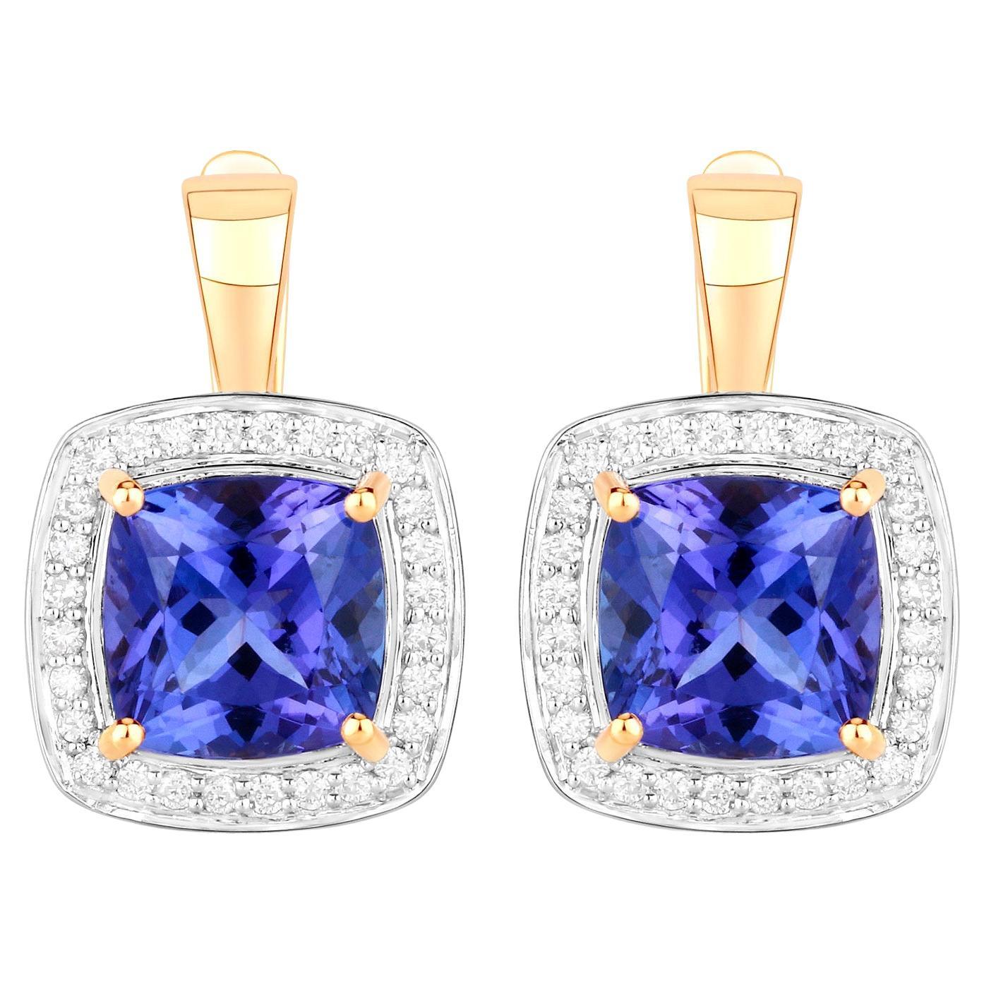 Pendants d'oreilles en or jaune 14 carats avec tanzanite halo de diamants 6 carats