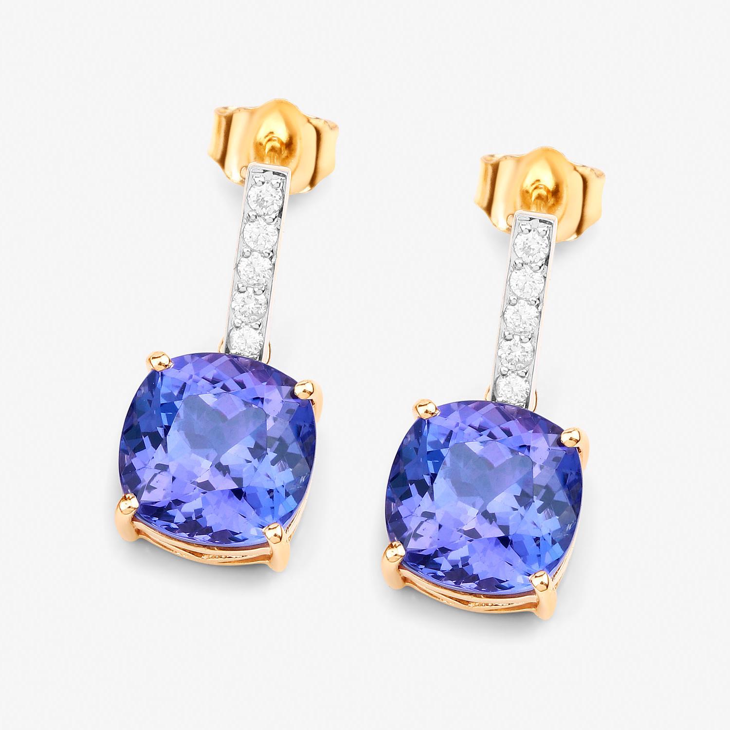 Taille coussin Pendants d'oreilles en or jaune 14 carats avec tanzanite sertie de 5,65 carats en vente