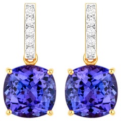 Tanzanite Dangle Earrings Diamond Setting 5.65 Carats 14K Yellow Gold