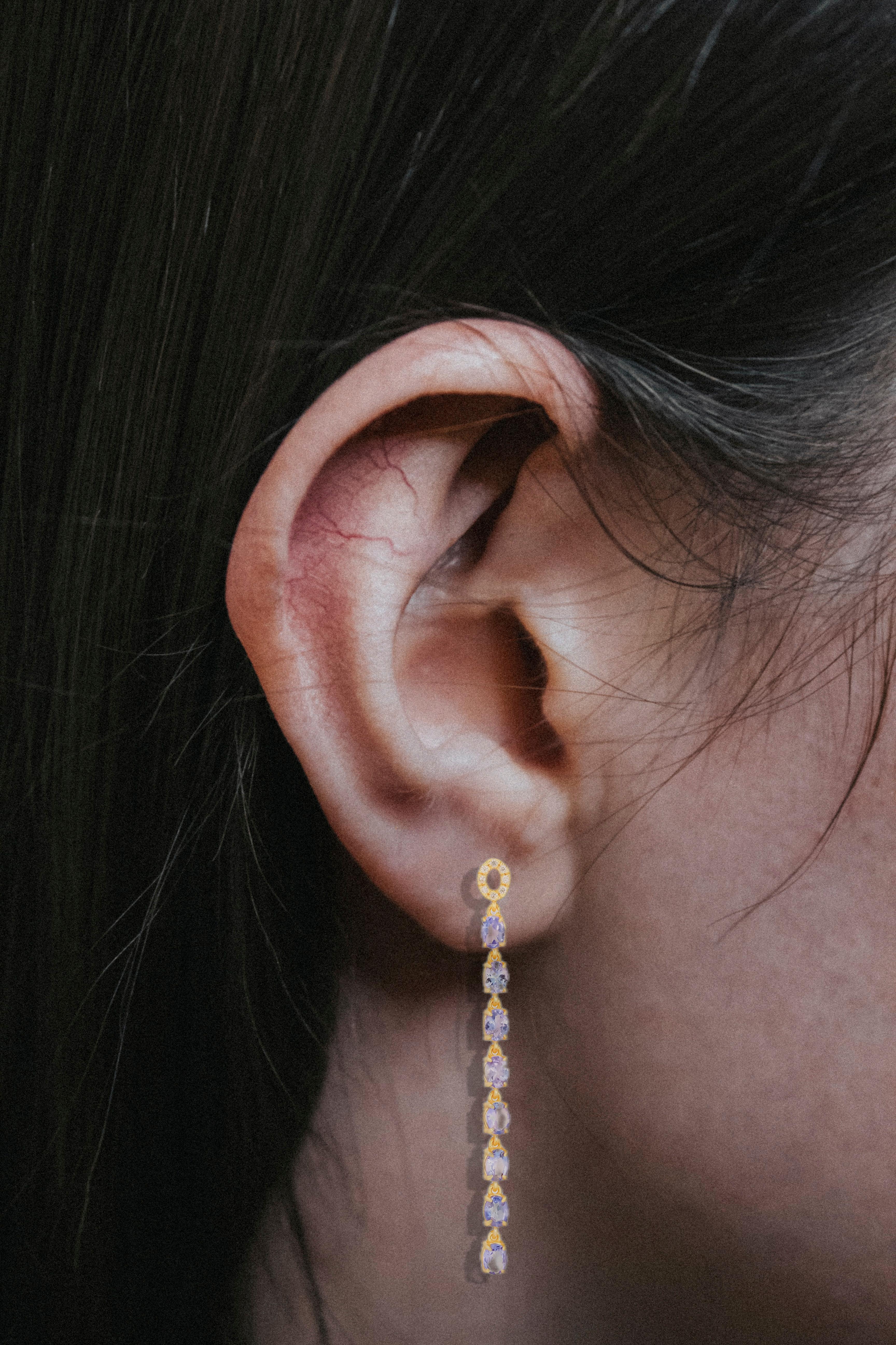 Tanzanite dangle earrings studs in 14k gold.  For Sale 4