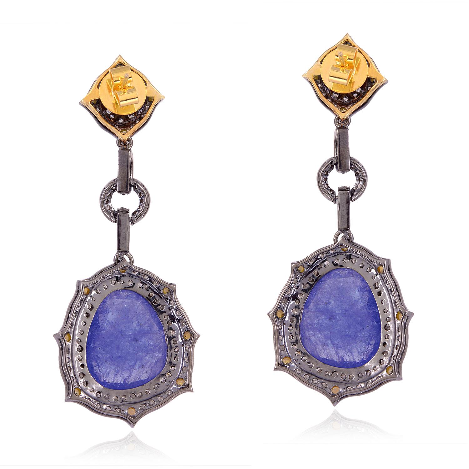 Art Deco Tanzanite Dangle Earrings Surrounded by Pave Diamonds Made in Gold & Silver For Sale