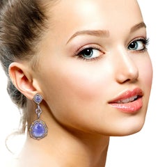 Tanzanite Dangle Earrings Surrounded by Pave Diamonds Made in Gold & Silver