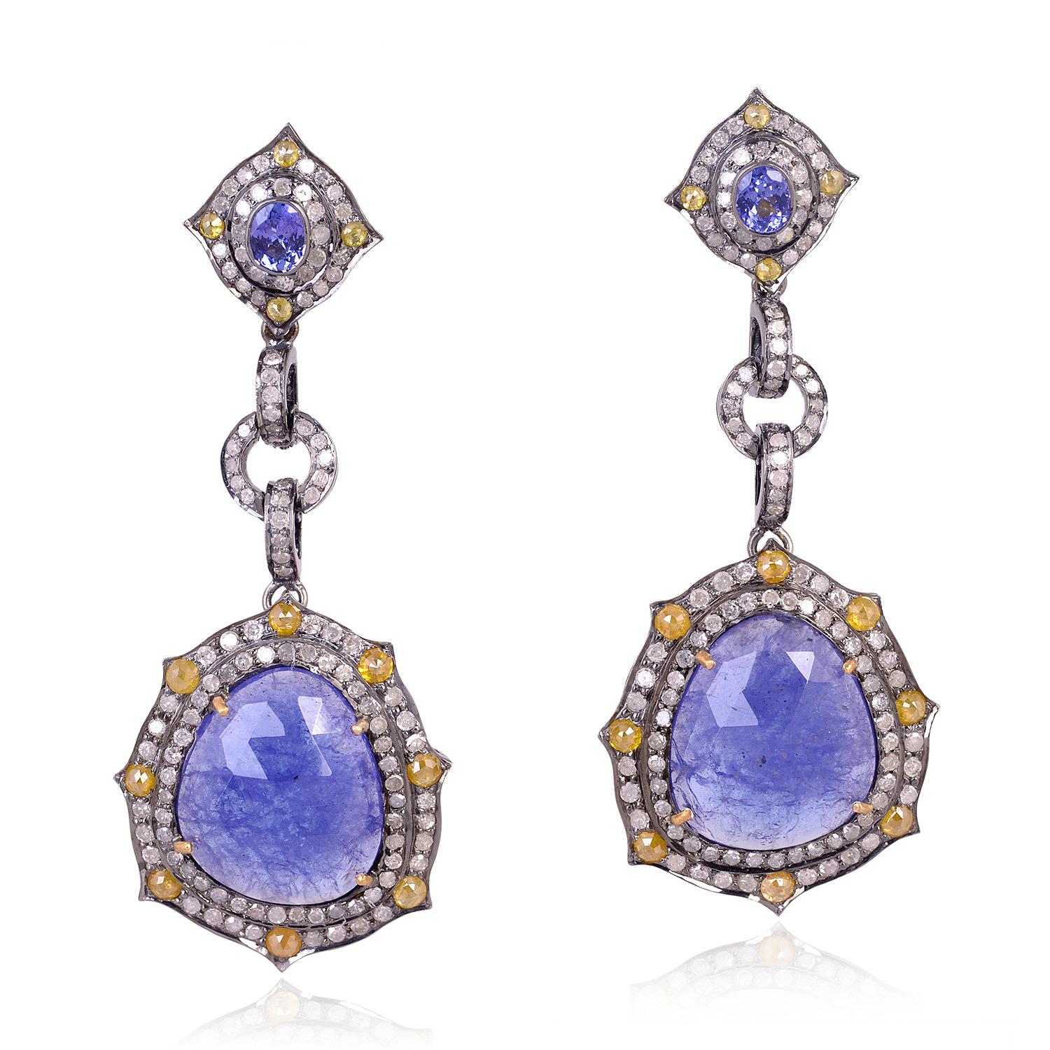 Mixed Cut Tanzanite Dangle Earrings Surrounded by Pave Diamonds Made in Gold & Silver For Sale